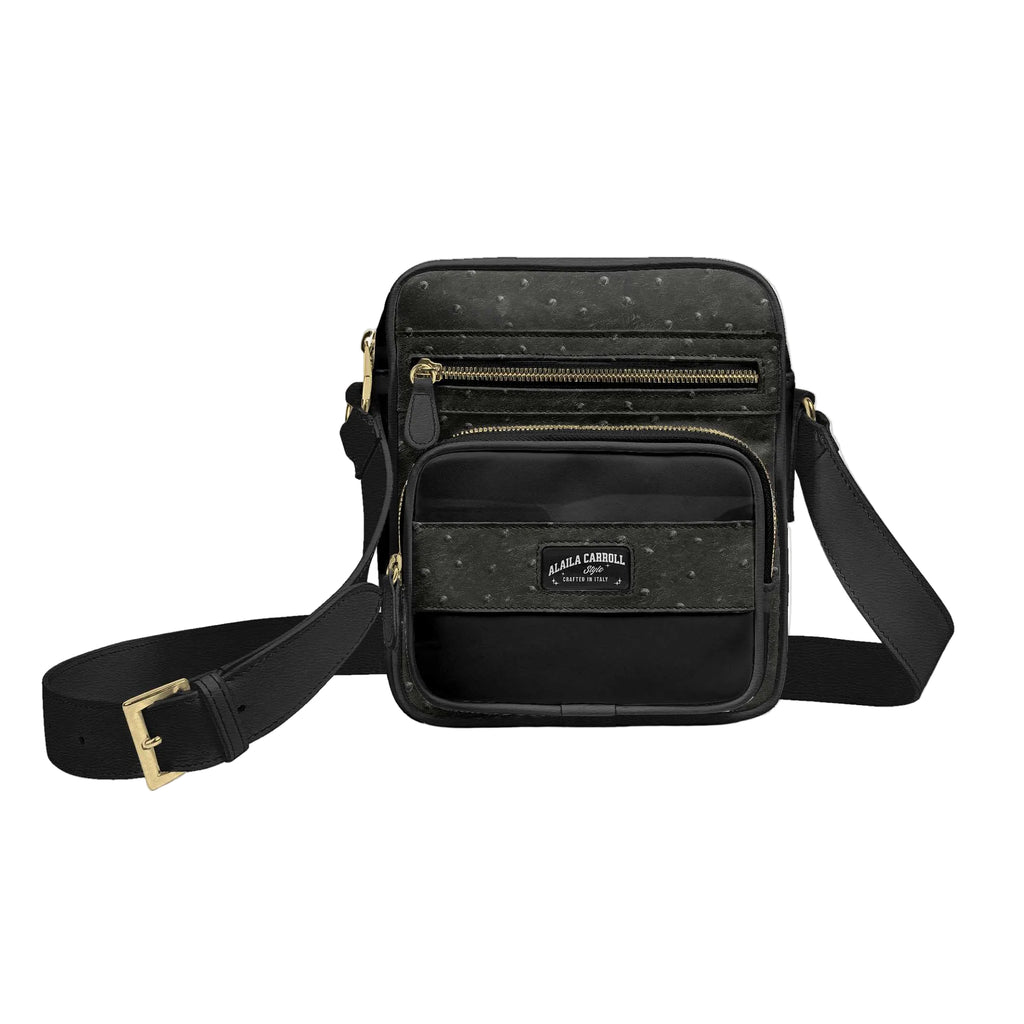 Luxury black crossbody designer bag with three zip pockets, Italian strap, and premium interior lining for stylish everyday organization.

black designer crossbody bag, luxury shoulder bag, Italian strap crossbody, multi-pocket designer bag, everyday luxury bag, travel crossbody purse, modern designer handbag