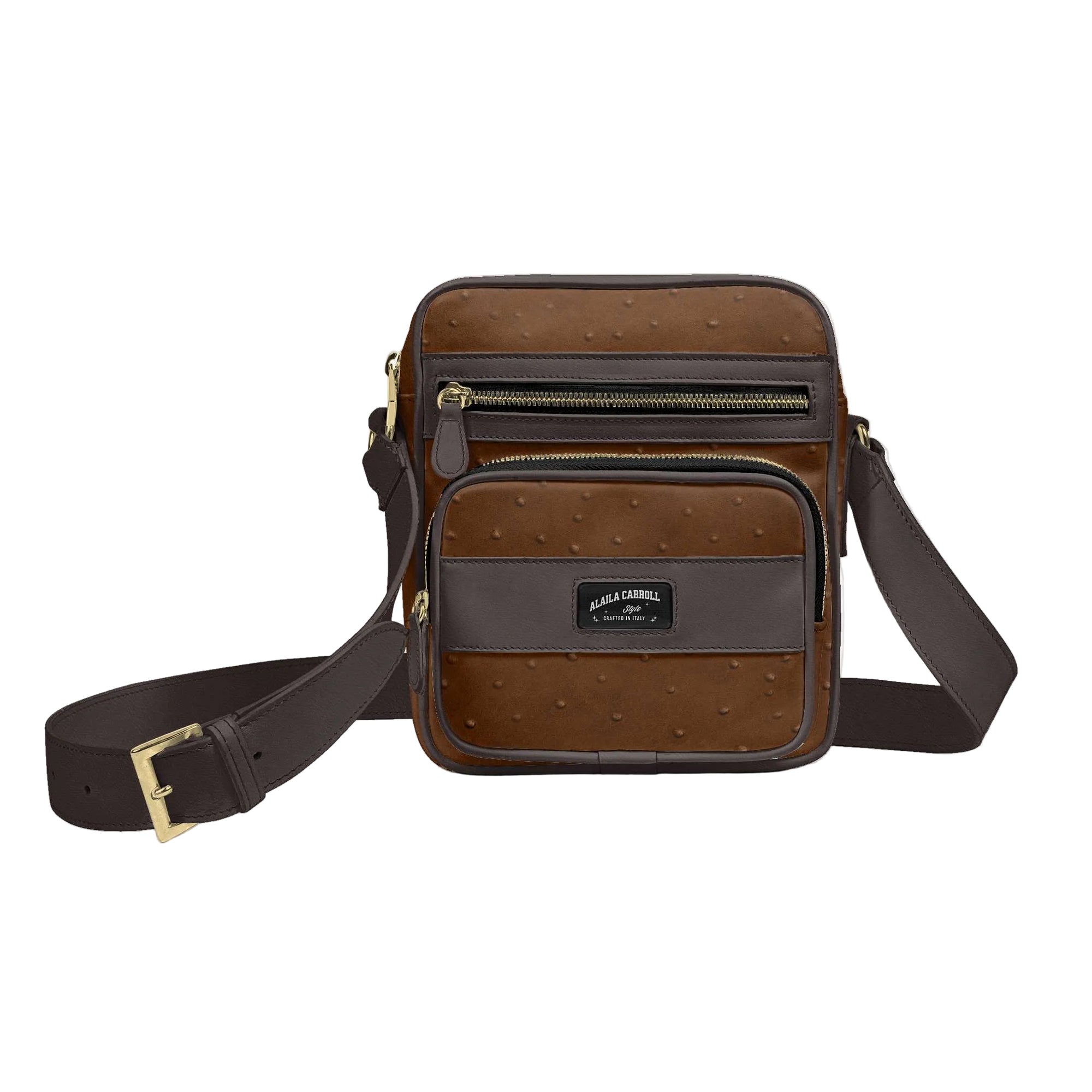 Shop the Cross-Body Designer Shoulder Bag in Brown Ostrich & Tobacco. Features three zippered pockets, Italian strap, and luxury styling. Cross-Body Designer Shoulder Bag in Brown Ostrich and Tobacco featuring three zippered pockets, embossed logo detail, premium Italian shoulder strap, and luxury textile-lined interior.
