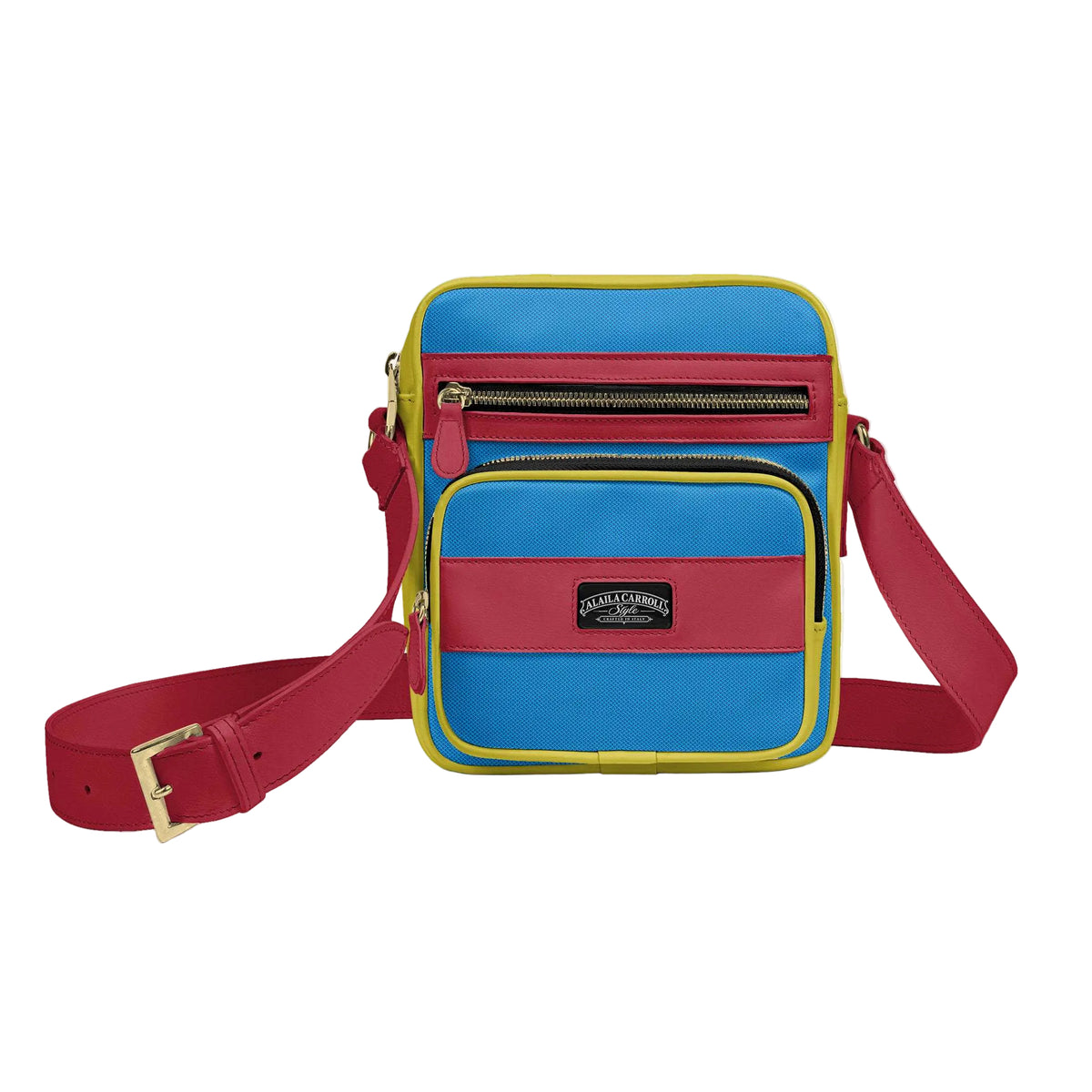 Shop the Cross-Body Designer Shoulder Bag in Canary, Santa Claus & Textile Electric Blue by Alaila Carroll Style. A bold unisex luxury bag with three zippered pockets and a fine Italian shoulder strap.