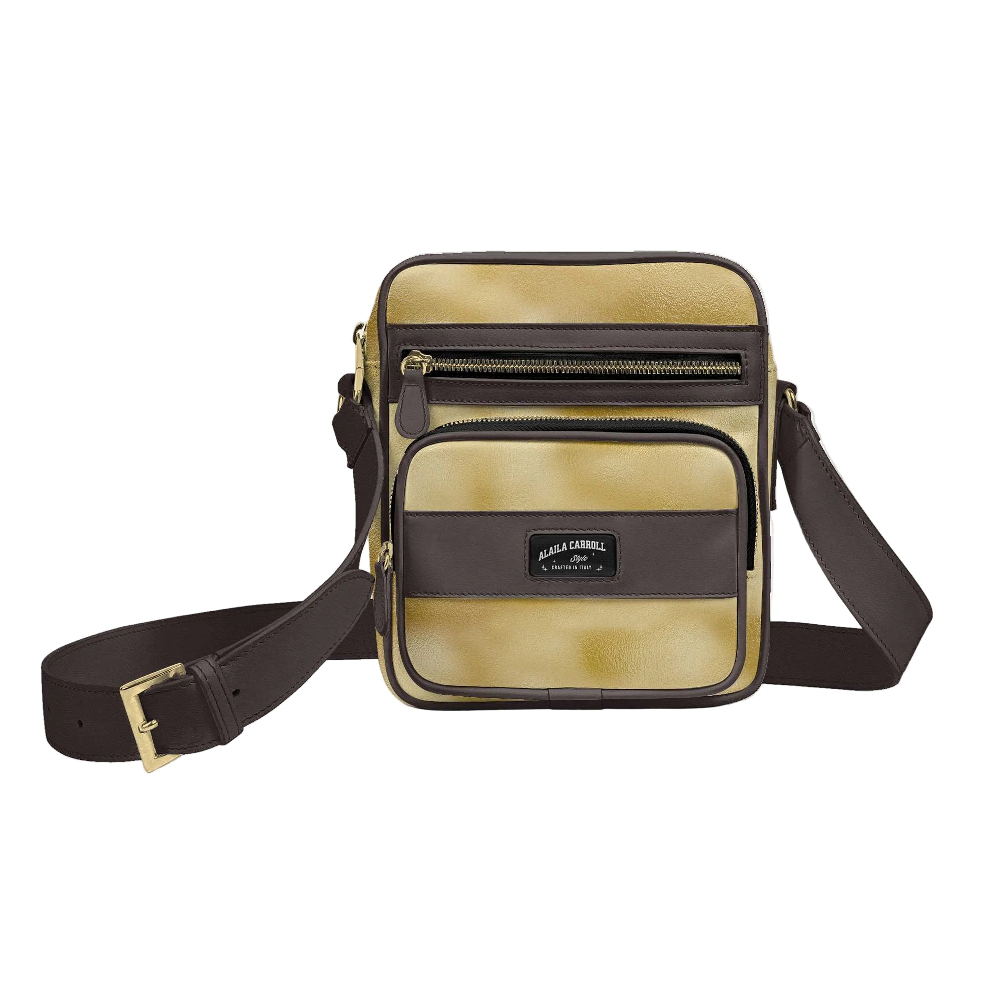 Shop the Cross-Body Designer Shoulder Bag Gold & Tabacco by Alaila Carroll Style. Crafted from premium materials with secure zippered compartments, an Italian shoulder strap, and timeless designer elegance. crossbody designer bag, luxury crossbody bag, gold designer handbag, tabacco shoulder bag, Italian designer handbag, women's crossbody purse, luxury shoulder bag, premium crossbody bag, designer travel bag, Alaila Carroll Style bag, fashionable crossbody purse, luxury everyday handbag, eco leather design