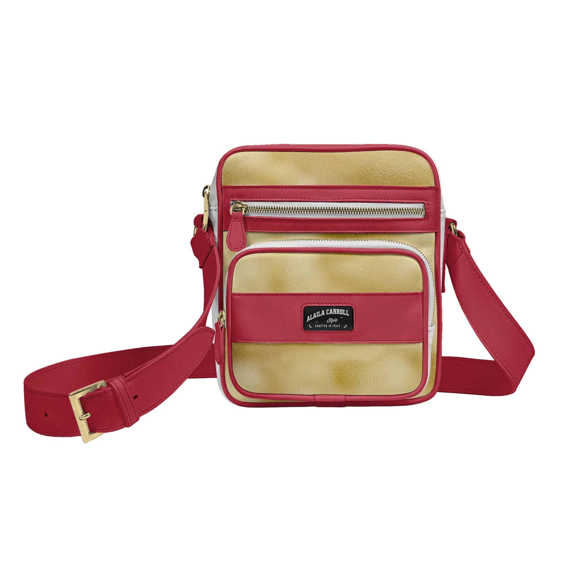 Shop the Cross-Body Designer Shoulder Bag Gold, White & Red by Alaila Carroll Style. Crafted from premium materials with secure zippered compartments, an Italian shoulder strap, and timeless designer elegance. 