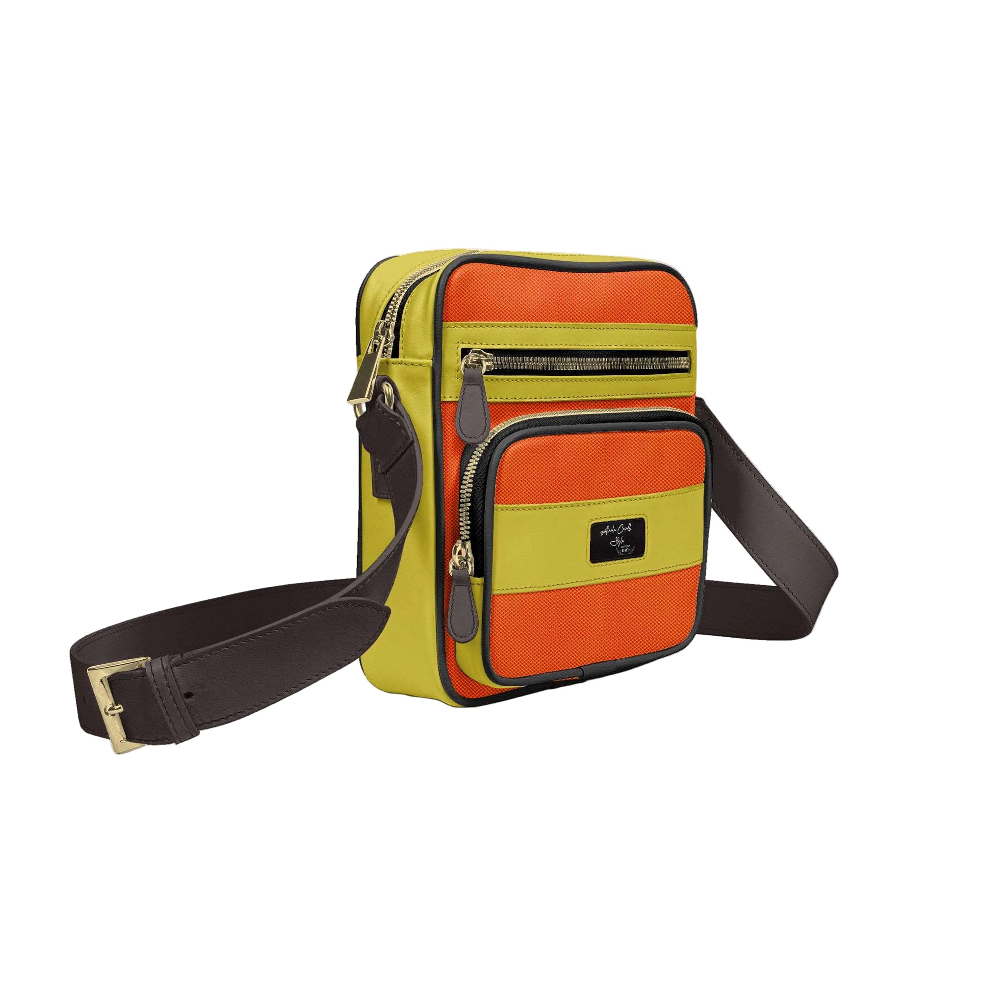 Luxury cross-body shoulder bag in mustard, orange, and black with three zipper pockets, Italian strap, and embossed logo for stylish everyday wear.

crossbody designer bag, luxury shoulder bag, mustard orange handbag, stylish crossbody purse, everyday fashion bag, modern designer bag, eco leather lining bag, travel shoulder bag