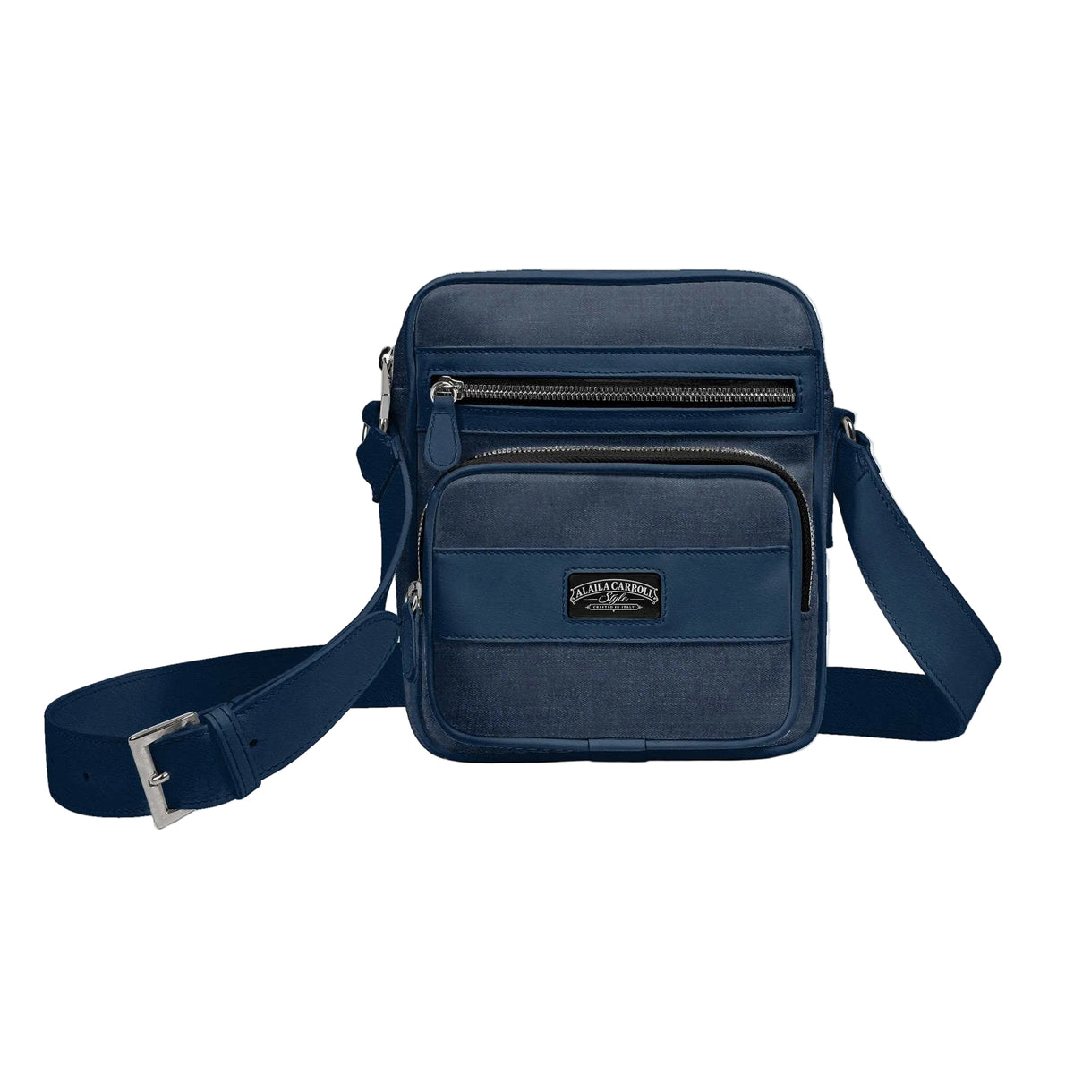 Shop the Premium Jeans Cross-Body Designer Shoulder Bag by Alaila Carroll Style. A luxury unisex denim-inspired bag with three zippered pockets, an Italian shoulder strap, and premium interior finishes.