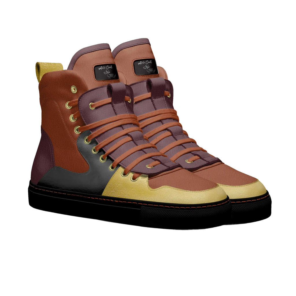 Luxury high-top sneaker in black, gold, wine, and redskin with padded collar, logo tongue, and easy pull tab. Stylish designer sneaker for men and women.

designer high-top sneaker, luxury sneakers, black gold high-top shoes, men’s designer sneakers, women’s high-top sneakers, padded collar sneaker, fashion high-top shoe, streetwear sneaker, big size sneakers