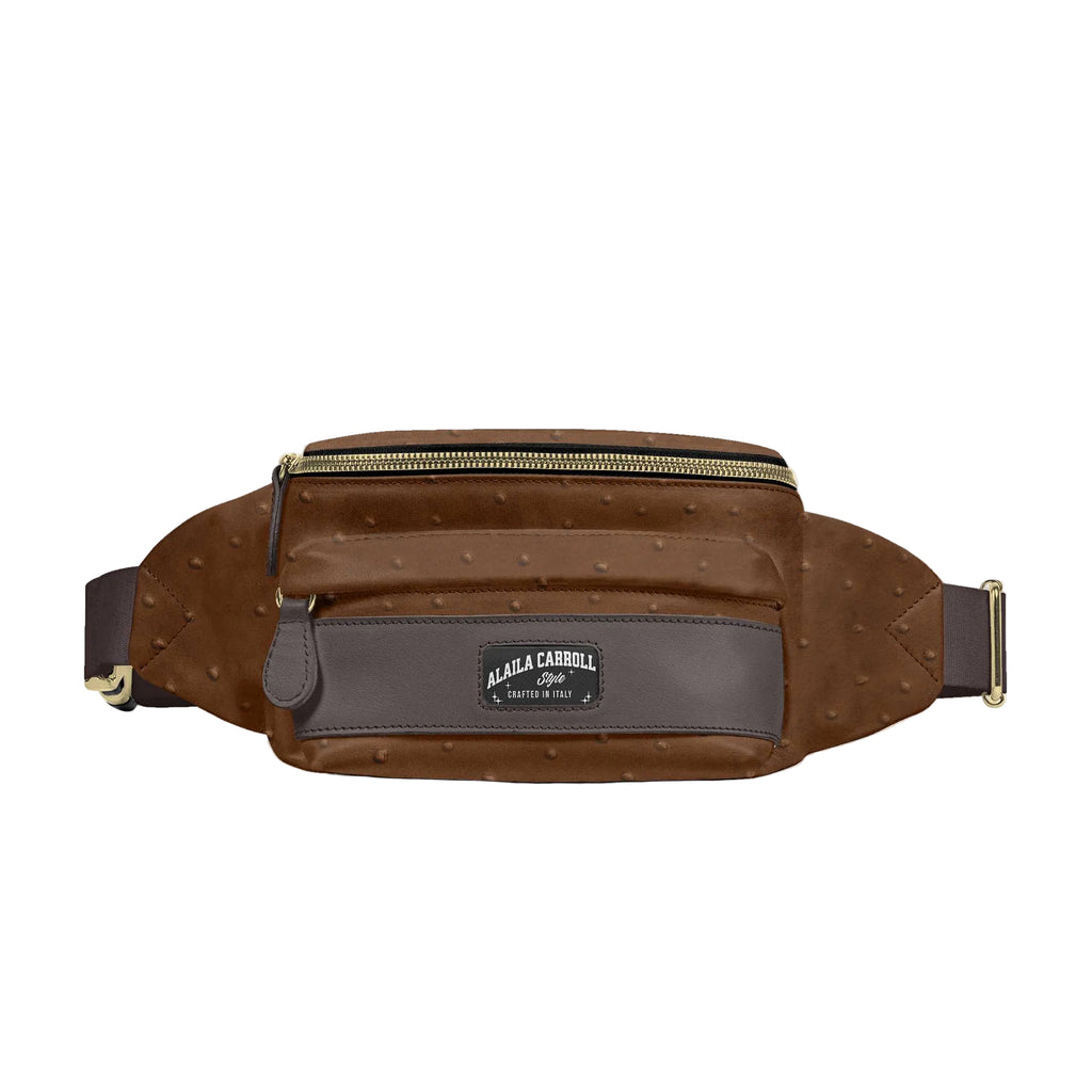 Luxury Ostrich brown belt bag with multi-pocket design, adjustable strap