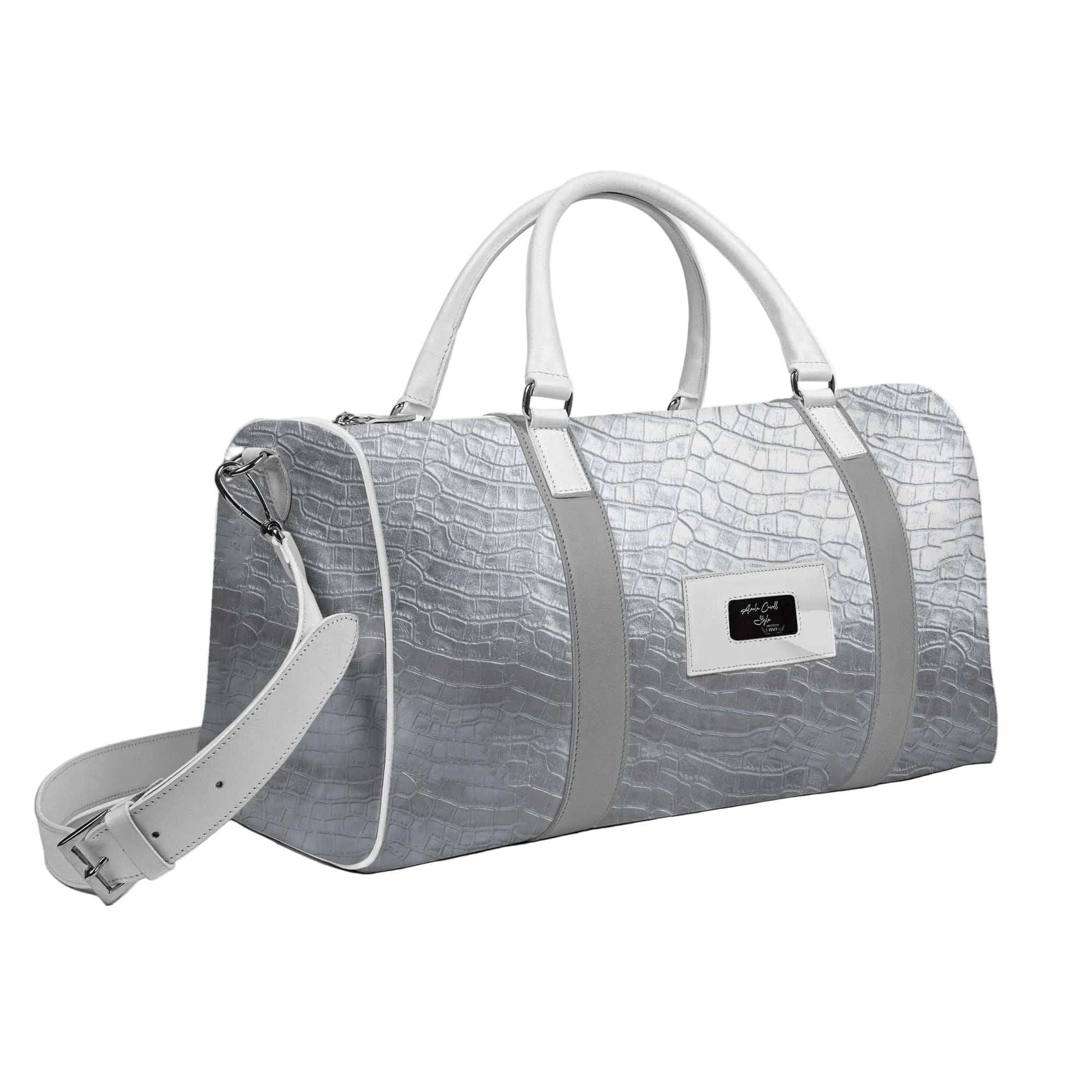 Luxury silver travel bag with zipper closure, adjustable strap, and premium lining. Spacious designer weekend bag for stylish travel.

luxury travel bag, silver designer bag, weekend travel bag, designer duffel bag, carry-on luxury bag, stylish travel luggage, luxury overnight bag, premium travel bag, fashion travel bag