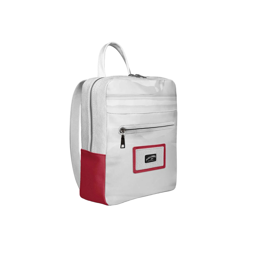 Minimal luxury backpack in red and white with vertical zipper, fits 13-inch laptop, and features premium interior for daily urban use.

designer backpack, luxury urban backpack, red and white backpack, minimalist backpack, laptop backpack 13 inch, fashion backpack, everyday travel backpack