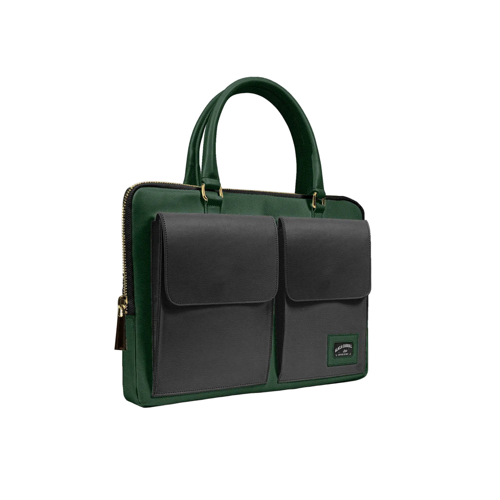 Designer luxury double pocket bag in serpentine and black

Luxury work bag with front flap pockets and metal buttons

Professional designer bag fitting a 16-inch laptop by Alaila Carroll Style