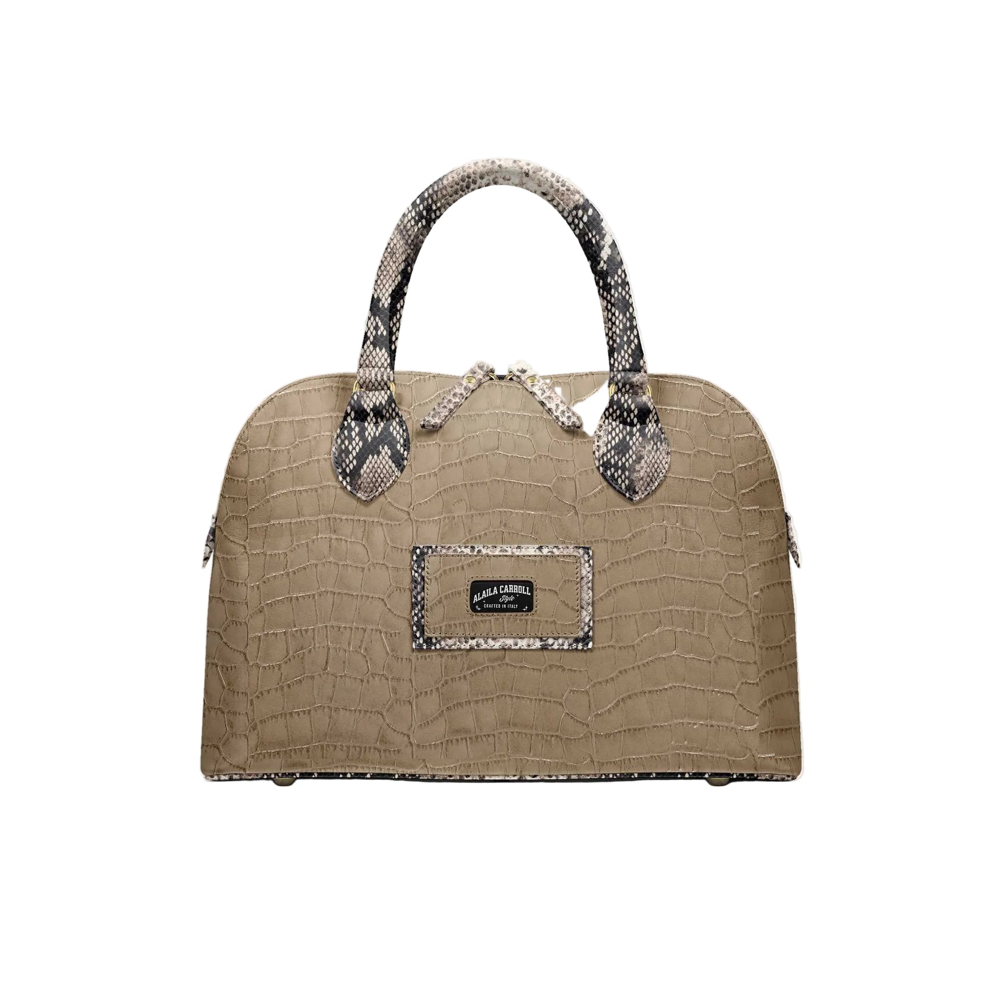 Luxury fashion-chic bag in croc beige and python print with rigid handles, logo detail, and spacious interior for day or night wear.

designer luxury handbag, croc print bag, python print purse, chic fashion bag, structured designer tote, women’s luxury accessories, day to night handbag, statement fashion bag