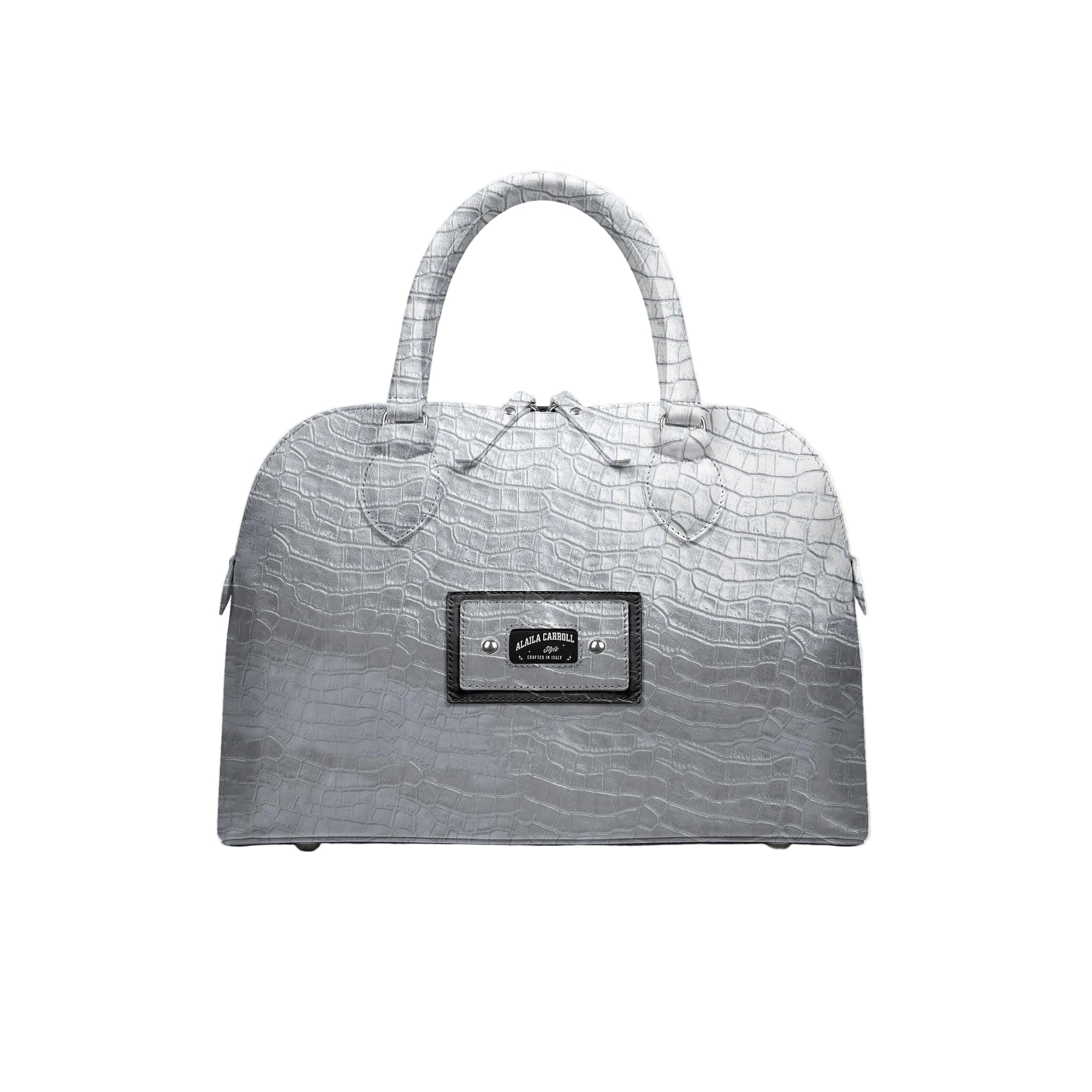 Discover the Designer Luxury Fashion-Chic Bag Silver Croc by Alaila Carroll Style. Handcrafted from premium materials with a spacious interior, elegant silver finish, and timeless sophistication for day or evening wear.