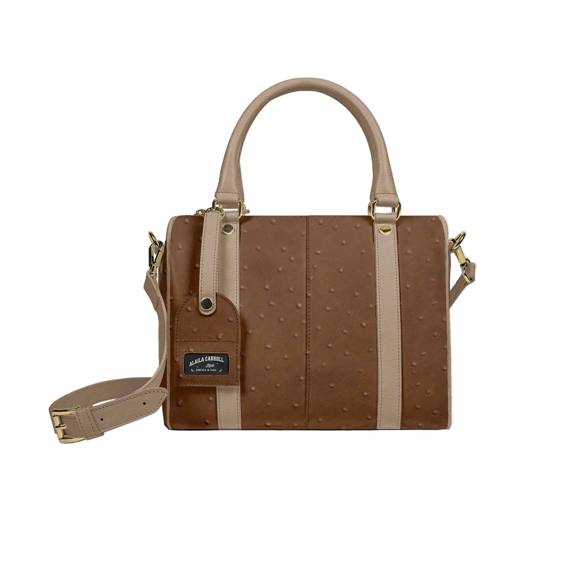 Shop the Designer Luxury Stylish Pendant Bag in Ostrich Brown and Mouton. Features a logo pendant, metallic accents, and spacious luxury design. Designer Luxury Stylish Pendant Bag in Ostrich Brown and Mouton featuring a front flap with decorative bands, signature logo pendant, metallic shoulder strap accents, and spacious luxury interior.