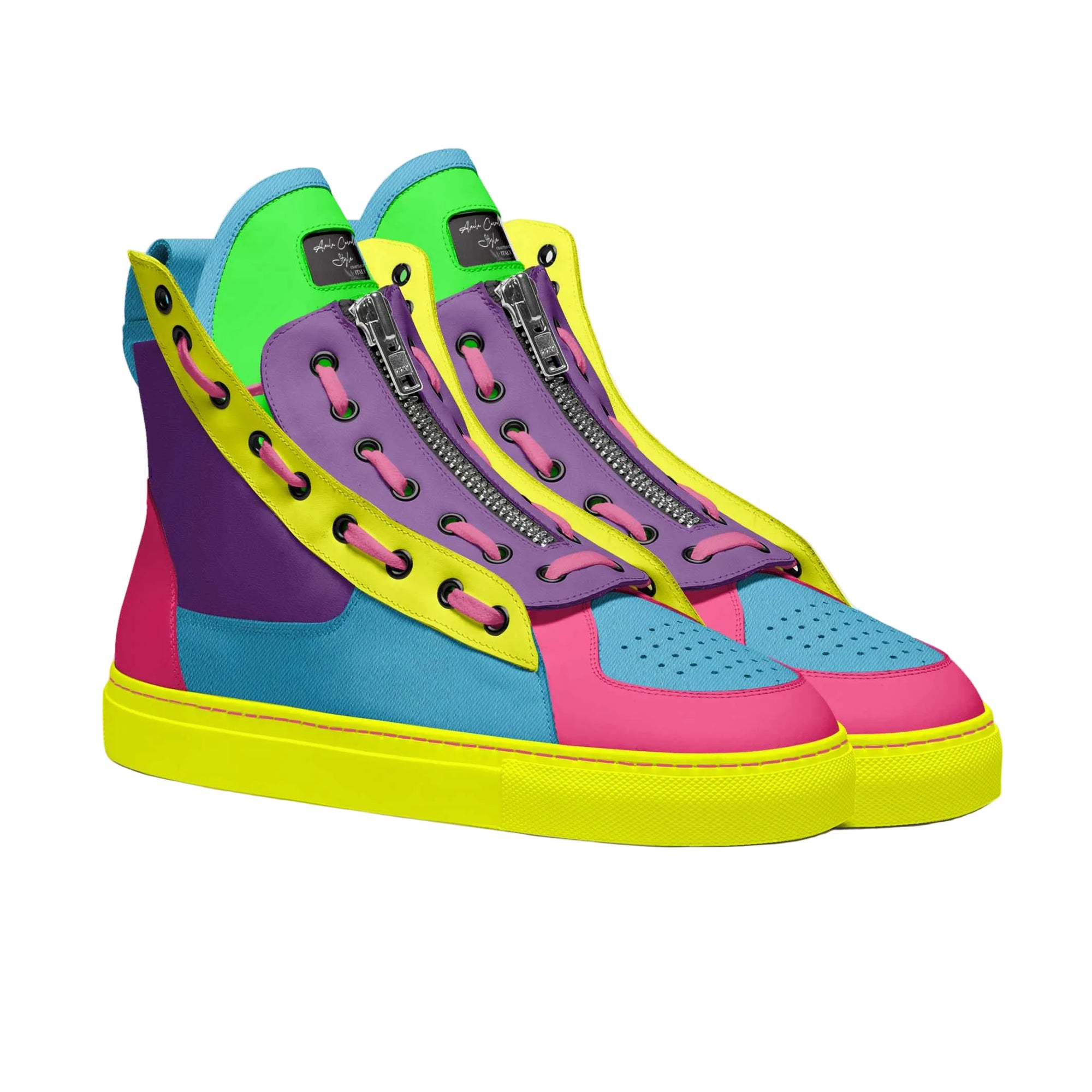 Bold rainbow high-top sneaker with metallic zipper, padded heel, and lightweight sole. Designer basketball-inspired shoe for men and women.

rainbow high-top sneaker, designer zipper sneaker, luxury basketball sneaker, men’s high-top shoes, women’s designer sneakers, colorful streetwear sneakers, padded heel sneaker, big size sneakers