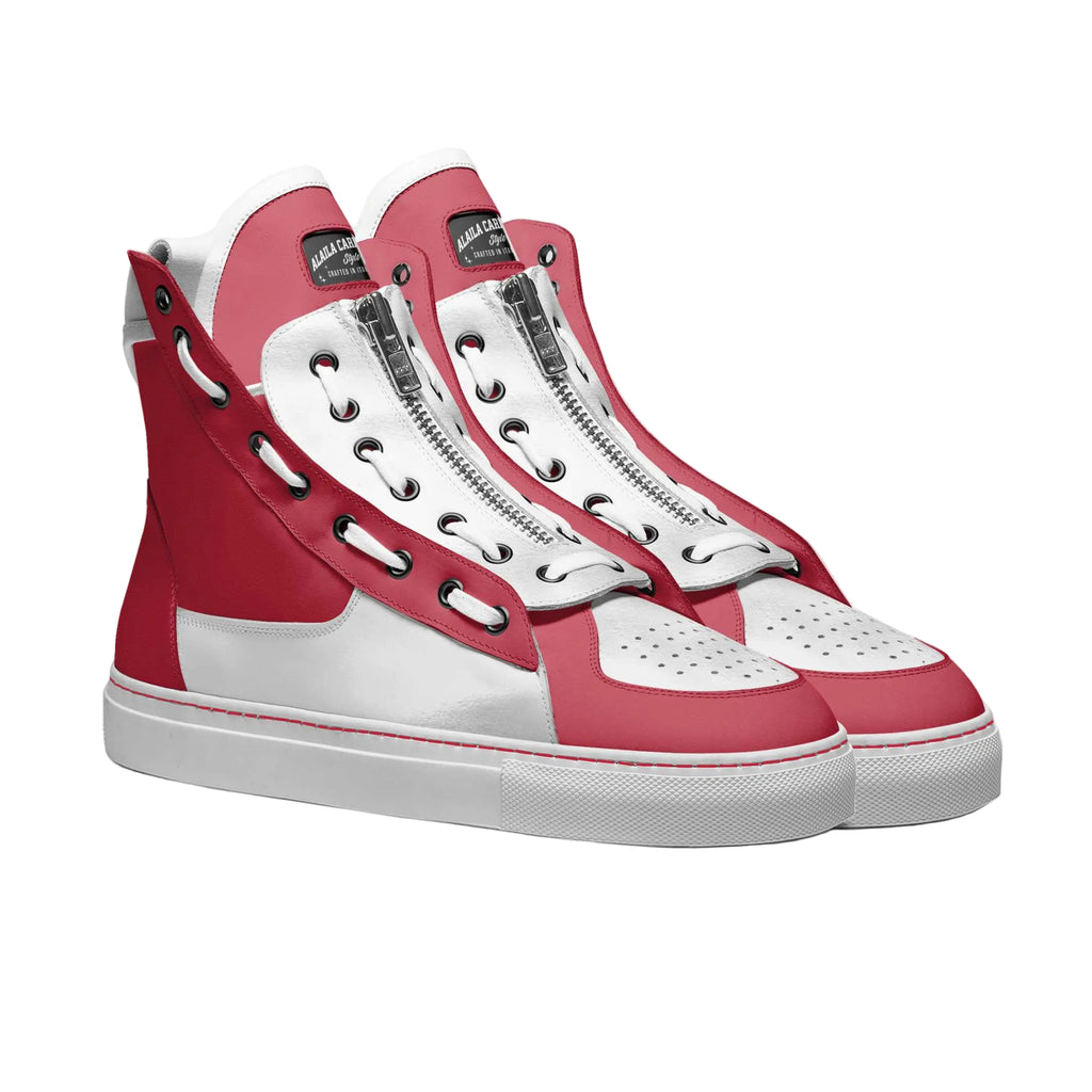 High-top designer sneaker in red and white with metallic zipper, padded heel, and lightweight sole for stylish everyday comfort.

designer high top sneakers, zipper high top shoes, red and white sneakers, luxury basketball sneaker, men women fashion sneakers, padded heel sneaker, statement footwear