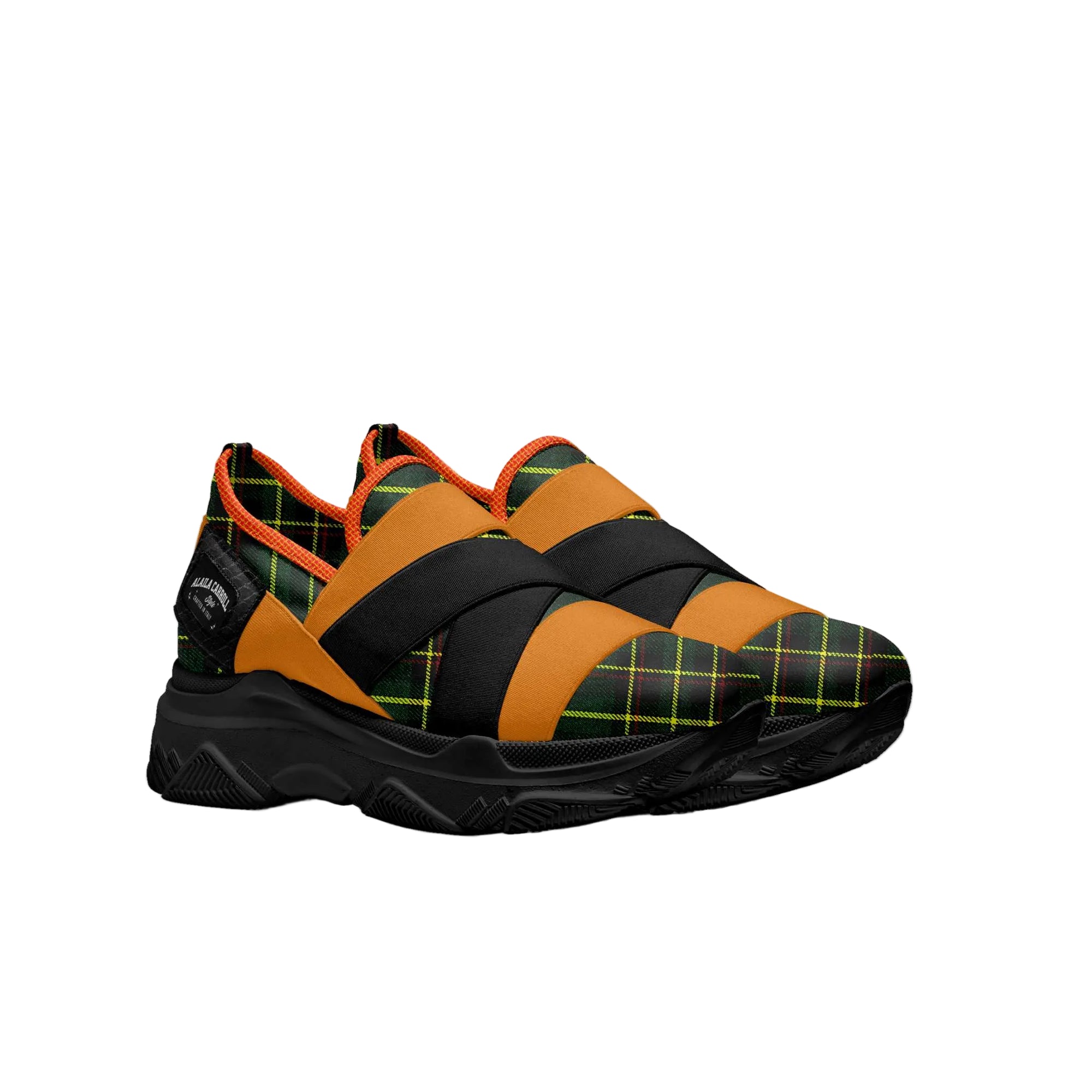 Bold slip-on sneaker with elastic inserts, lightweight sole, and logo window. Stylish comfort in green plaid, orange, and black.

elastic slip-on sneaker, designer women’s sneaker, green plaid sneaker, bold fashion sneaker, lightweight rubber sole sneaker, luxury casual shoe, street style sneaker