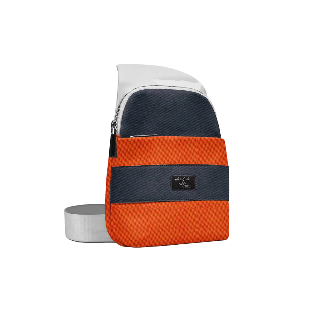 Luxury blue and orange crossbody bag with a modern triangular design, multiple pockets, and embossed logo for stylish everyday use.

designer crossbody bag, luxury shoulder bag, blue and orange bag, modern crossbody purse, Italian style bag, fashionable travel bag, structured crossbody bag, premium women’s accessories