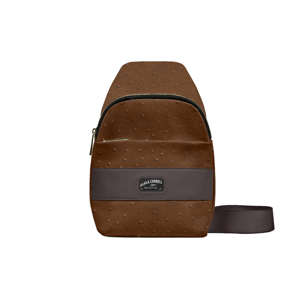 Ostrich Brown designer crossbody bag with modern triangular design, dual pockets, metal zippers, and three compartments. Stylish, functional luxury bag.

designer crossbody bag, luxury Ostrich  brown bag, triangular designer bag, women’s crossbody purse, modern fashion bag, urban luxury handbag, stylish travel bag
