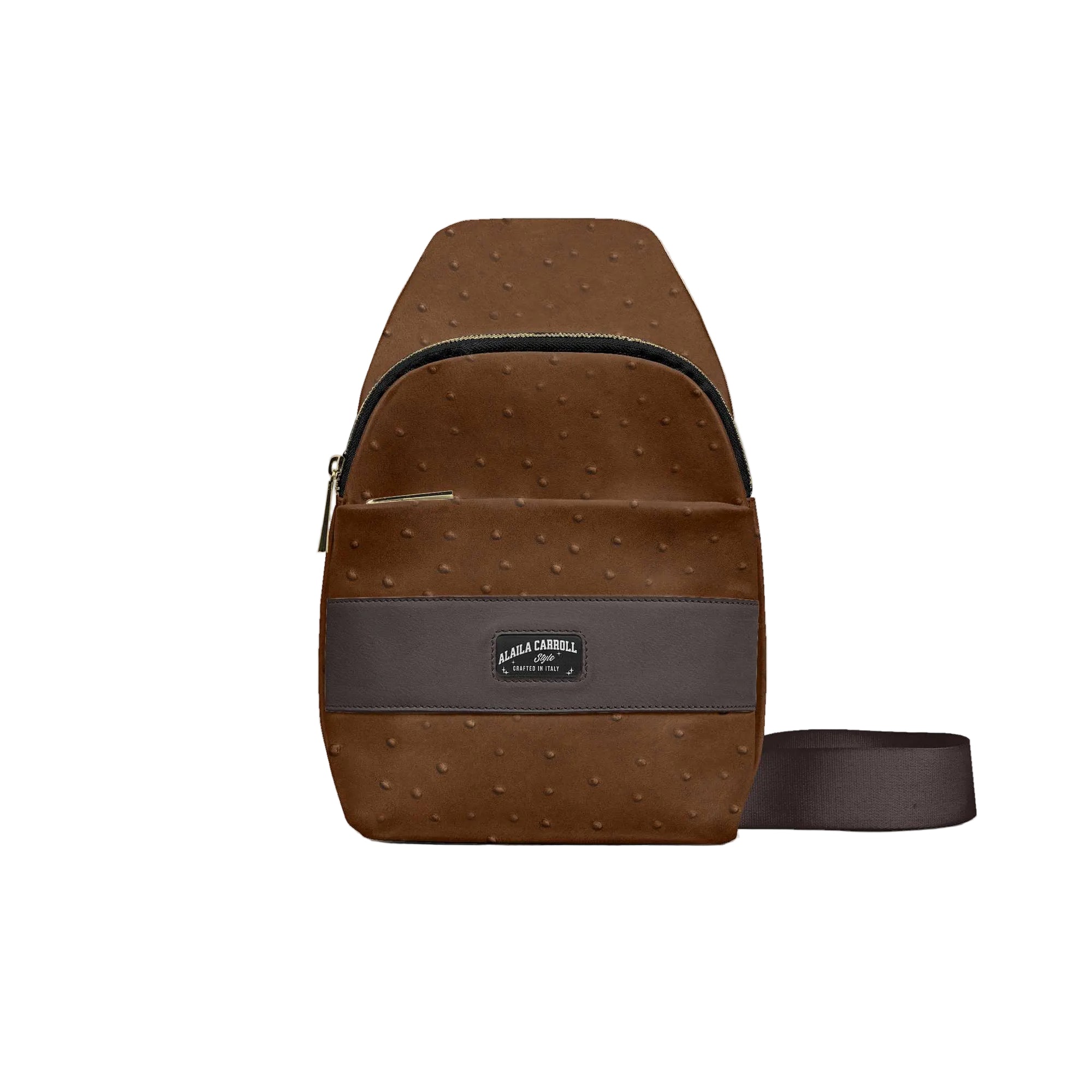 Ostrich Brown designer crossbody bag with modern triangular design, dual pockets, metal zippers, and three compartments. Stylish, functional luxury bag.

designer crossbody bag, luxury Ostrich  brown bag, triangular designer bag, women’s crossbody purse, modern fashion bag, urban luxury handbag, stylish travel bag