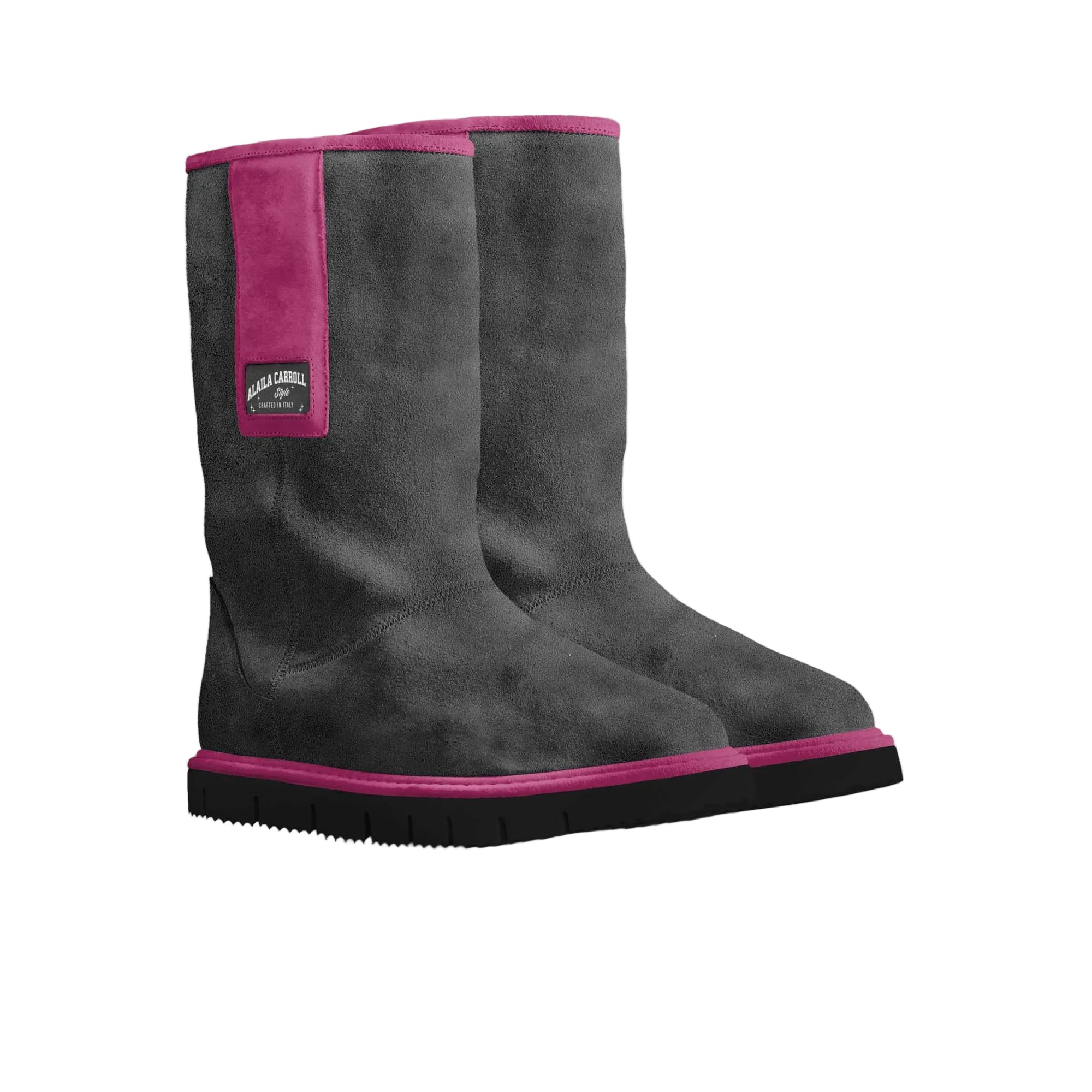 Eco-sheepskin mid-boot in dark grey and passion pink with embroidered logo patch and comfort sole. Stylish, warm women’s designer boot.

eco-sheepskin boots, women’s mid boots, designer winter boots, Italian shearling boots, luxury casual boots, pink and grey boots, fashion winter footwear, comfortable women’s boots