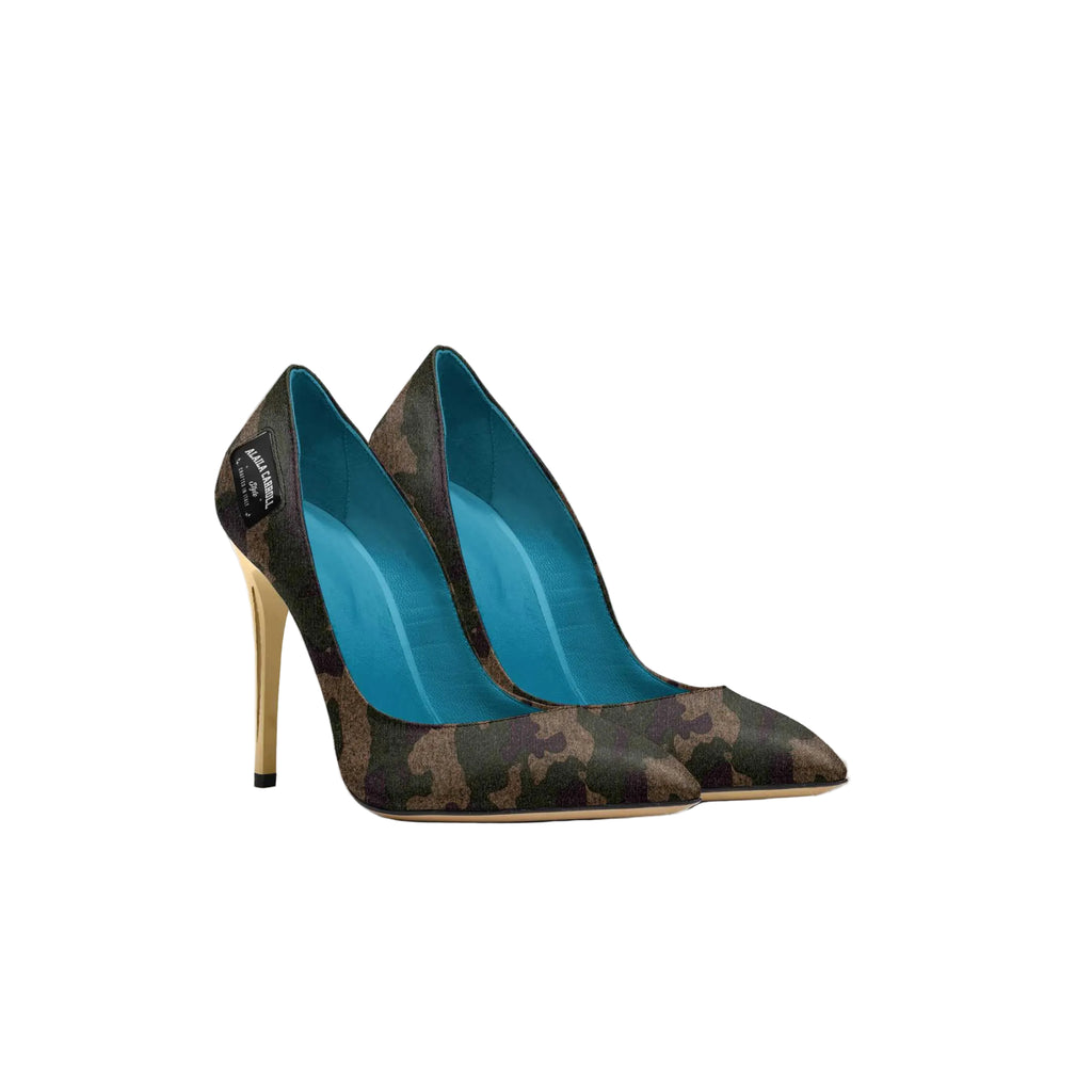 Shop the Full Cut High Heel in Camo & Gold. Italian-crafted luxury pump with pointed toe, slender heel, and signature logo detailing.

Camo and gold high heel pump

Luxury Italian pointed-toe heel

Designer full cut high heel

Luxury high heels, Italian pumps, camo high heel shoes, gold accent heels, designer women’s heels, elegant pointed toe pumps
