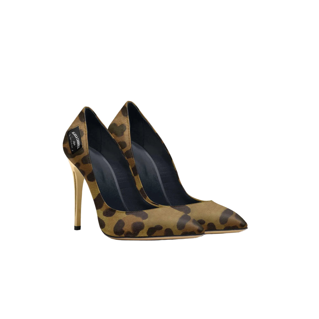 Shop Leopard Full Cut High Heels with Gold Heels. Italian-inspired luxury pumps featuring a sleek pointed toe and elegant designer styling. Full Cut High Heel in Leopard Print featuring elegant gold heels, pointed toe silhouette, premium materials, and designer luxury styling for women. 