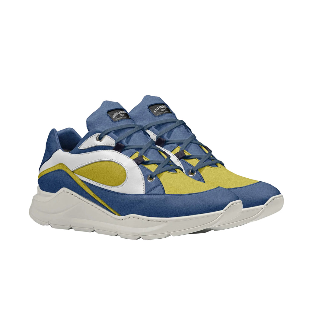 Shop Future Designer Runner in blue, yellow & white with Italian material overlays, cushioned carved sole, padded collar & heel, lace-up design, and logo tongue for comfort and style.

futuristic sneakers
designer running shoes
blue yellow white sneakers
Italian material sneakers
luxury runners for men
luxury runners for women
fashion sneakers unisex
cushioned sole sneakers
streetwear athletic shoes
modern style sneakers