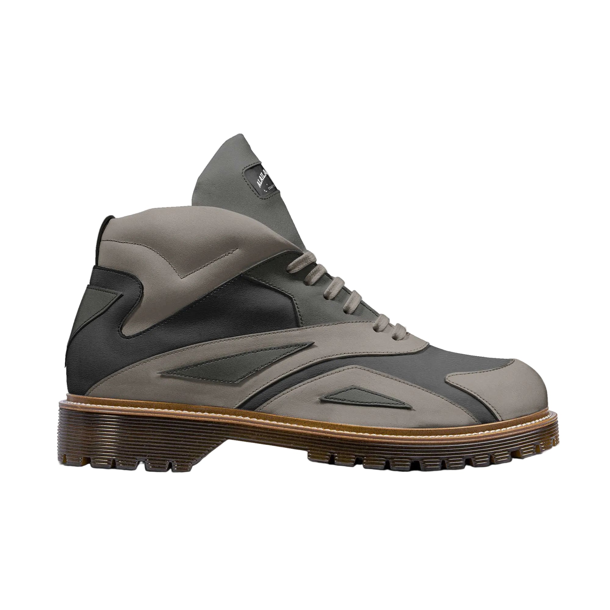 Shop the Future Style Boot Earth, Shark & Black by Alaila Carroll Style. Featuring premium Italian panels, futuristic layered details, lace-up styling, and a comfortable dark brown sole for men and women.