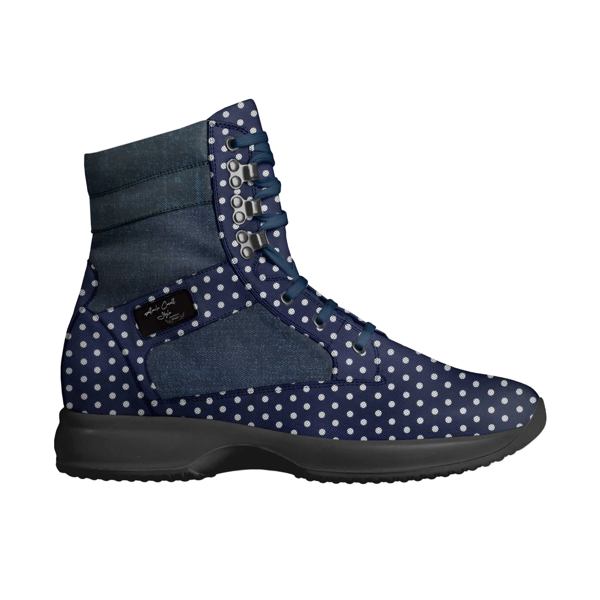 Shop the Hi-Top Walking Sneaker Navy Denim Polka-Dots by Alaila Carroll Style. Italian-crafted, limited edition, military-inspired lightweight sneaker with customizable multi-panel design.
hi-top walking sneaker
luxury designer sneaker
Italian handcrafted sneakers
limited edition hi-top shoes
Alaila Carroll Style sneakers
navy denim polka-dot sneaker
military inspired sneaker
high-end casual footwear
premium Italian sneakers
exclusive fashion sneakers