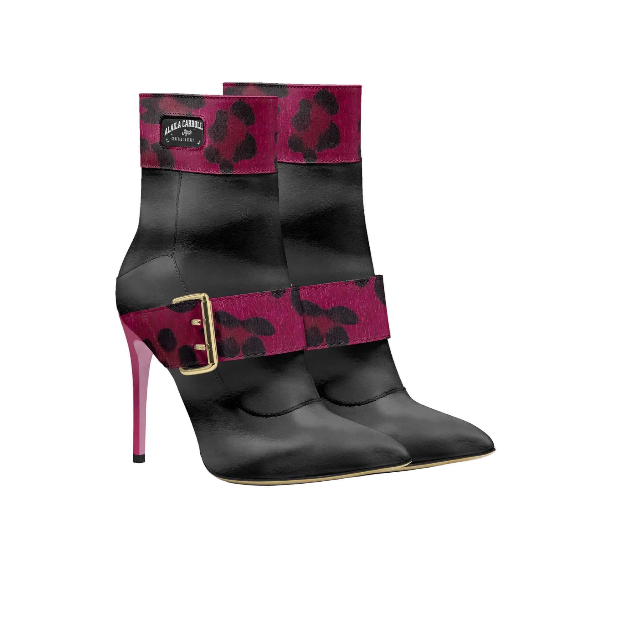 Seductive high-heel boot with 10.5 cm stiletto, oversized belt, logo window, and rubber sole in black and purple.

high heel boots women, stiletto fashion boot, belt strap heel boot, black and purple boot, designer women’s footwear, luxury statement boot, fashion ankle boot