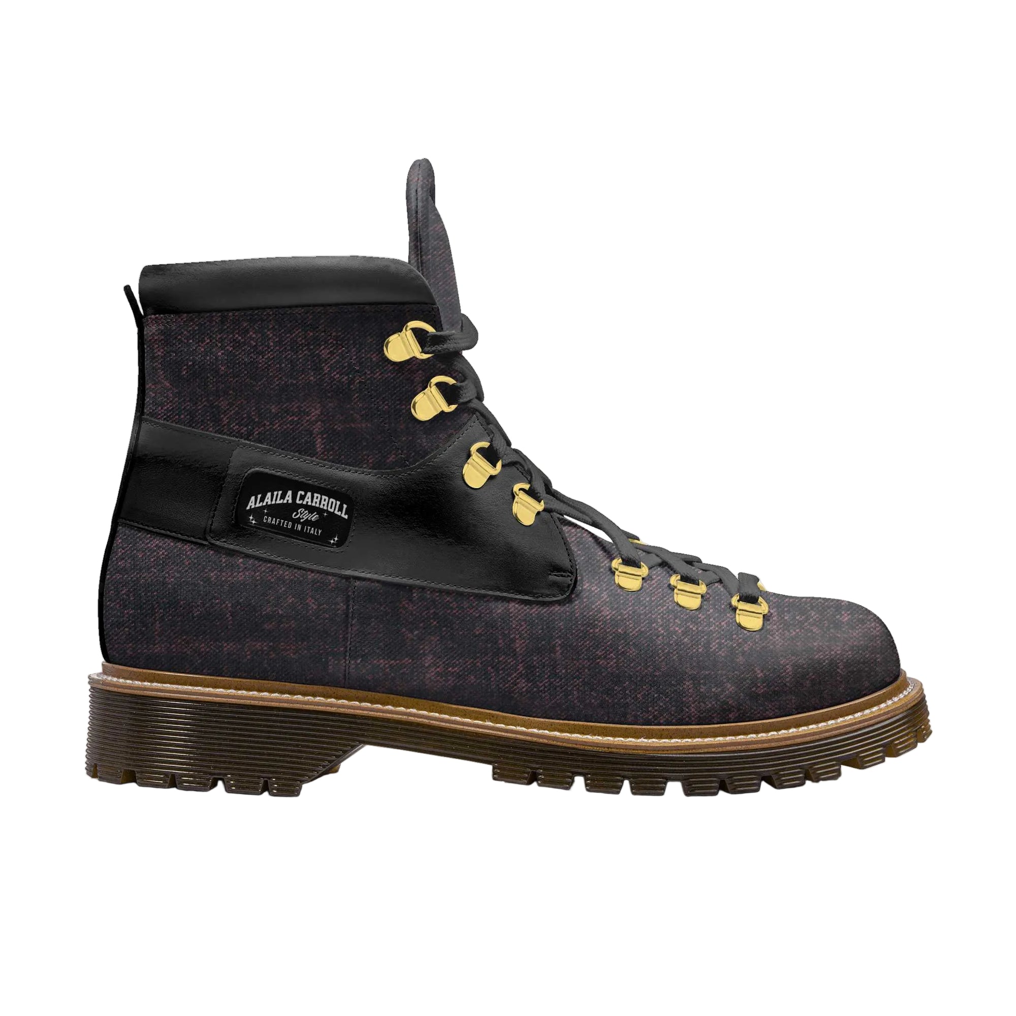 Red and brown boot with gold laces on a white background