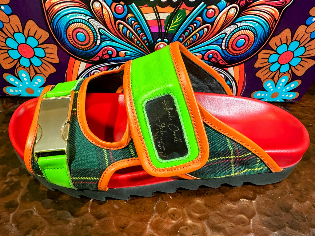 Alaila Carroll Style Green & Red Double Stripes Luxury Sandal