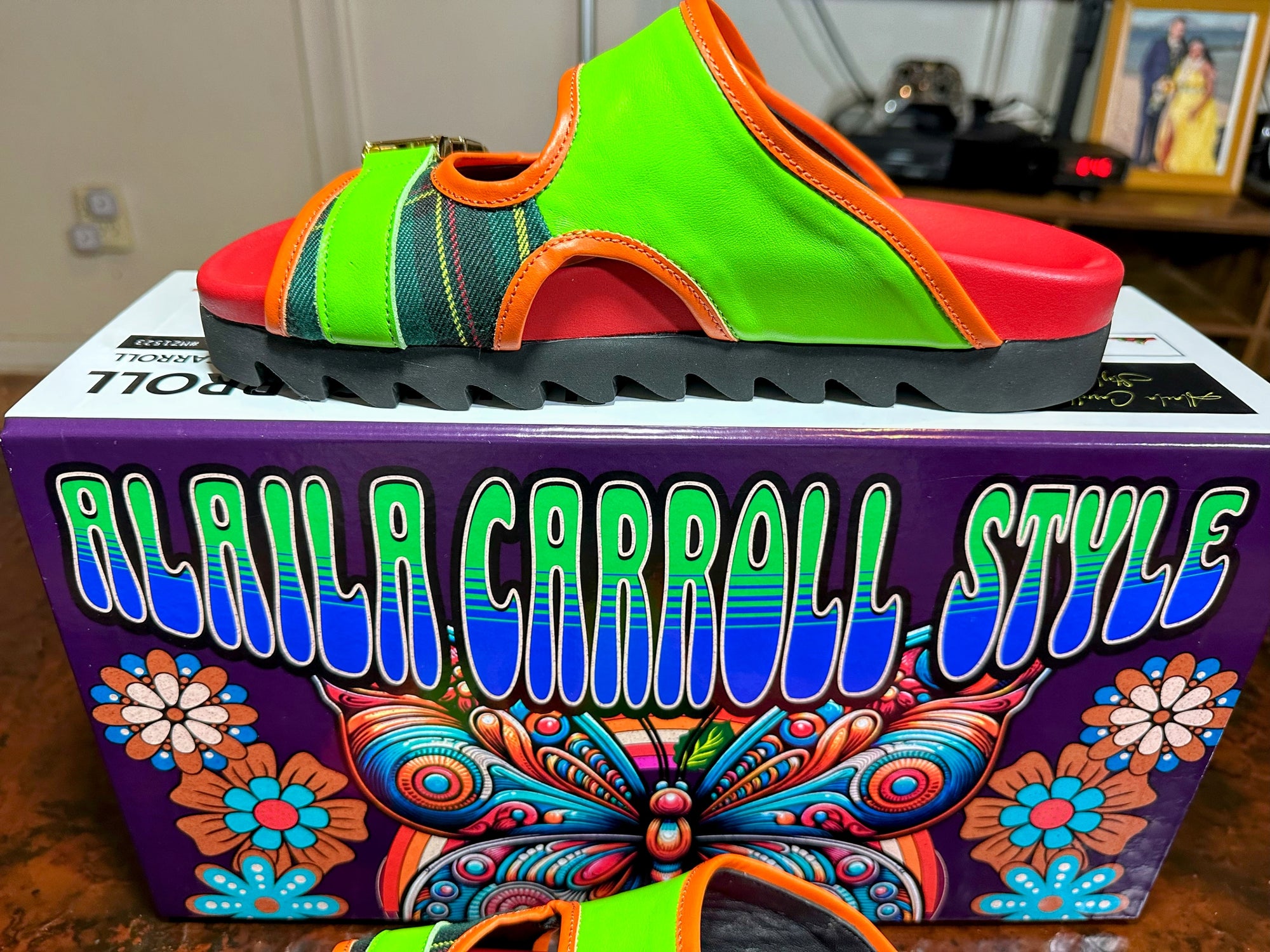 Alaila Carroll Style Green & Red Double Stripes Luxury Sandal