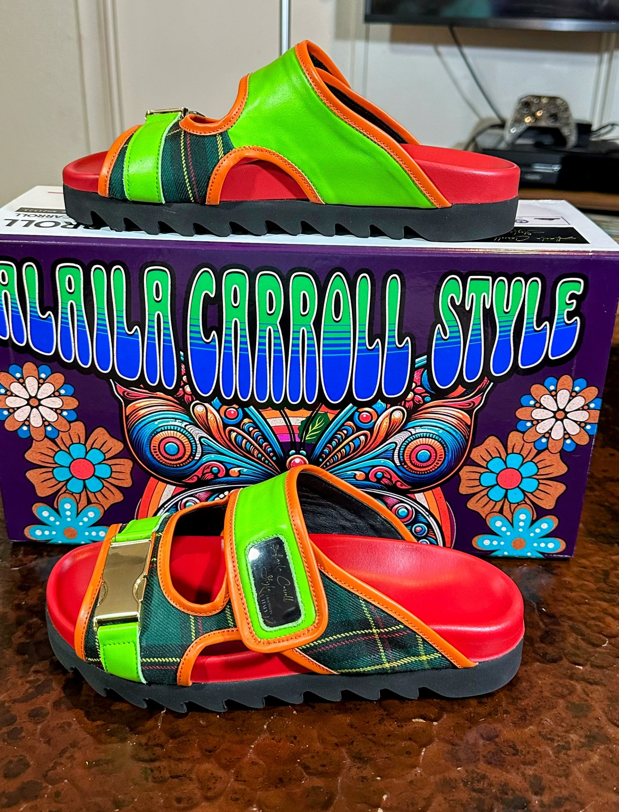 Alaila Carroll Style Green & Red Double Stripes Luxury Sandal