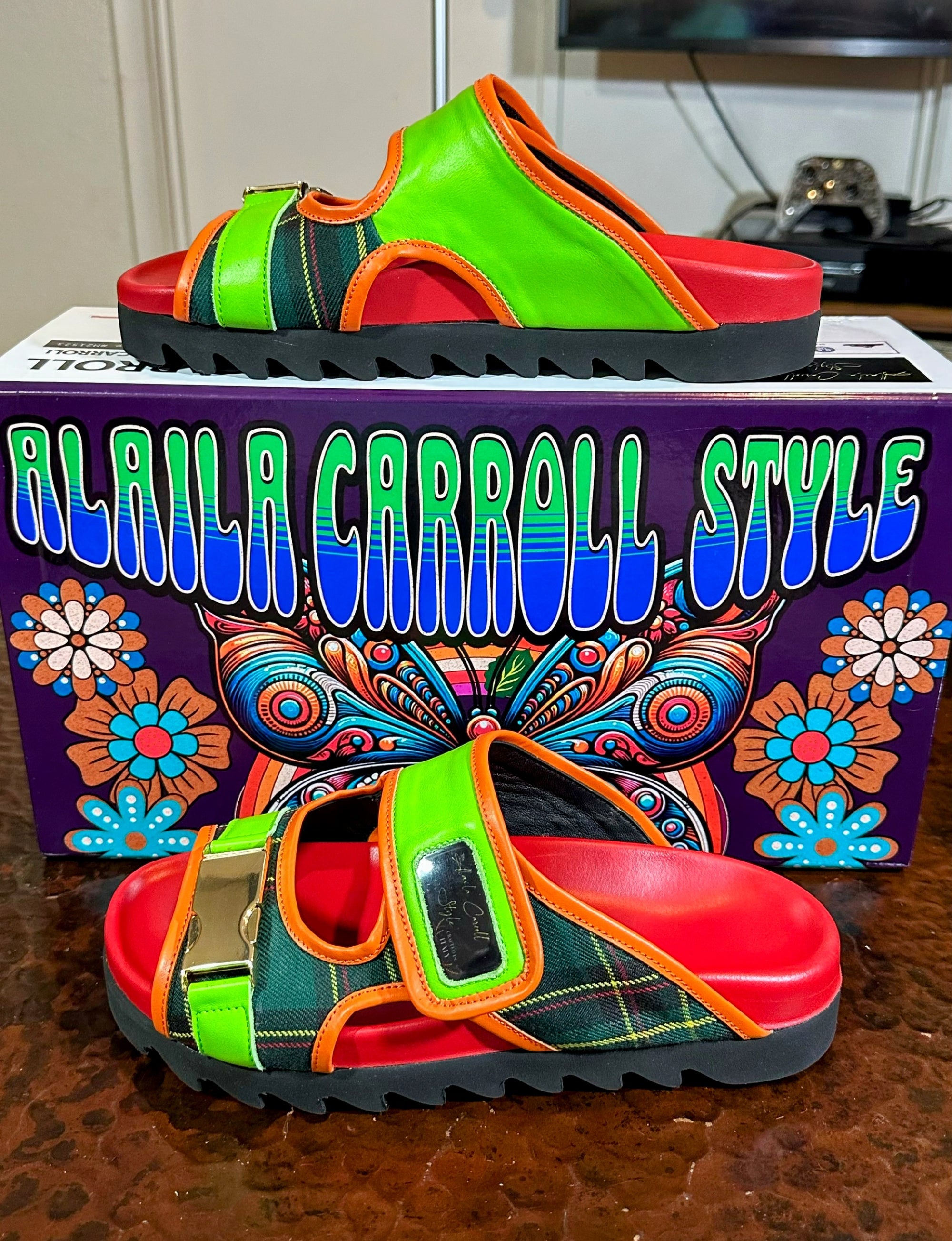 Alaila Carroll Style Green & Red Double Stripes Luxury Sandal