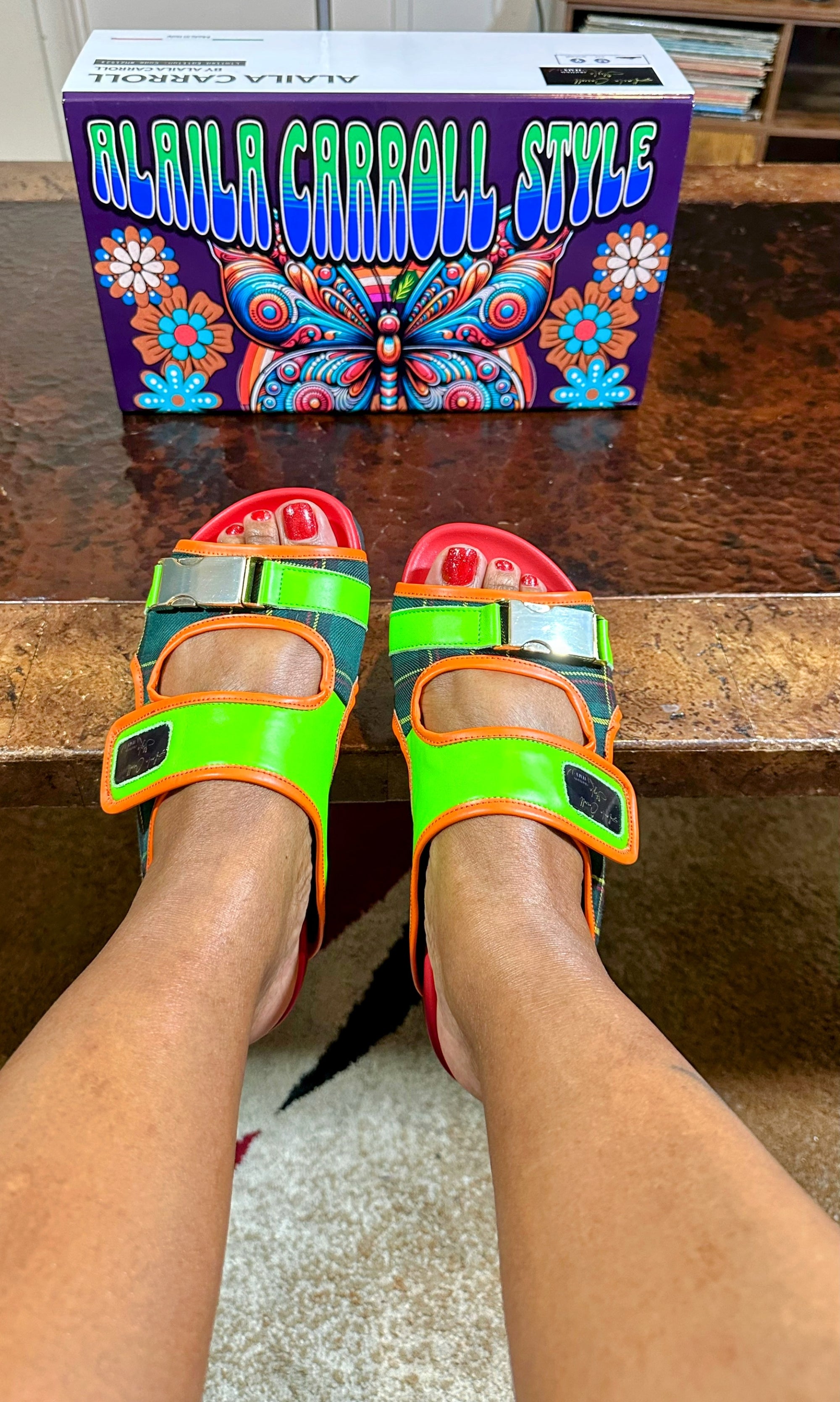 Alaila Carroll Style Green & Red Double Stripes Luxury Sandal