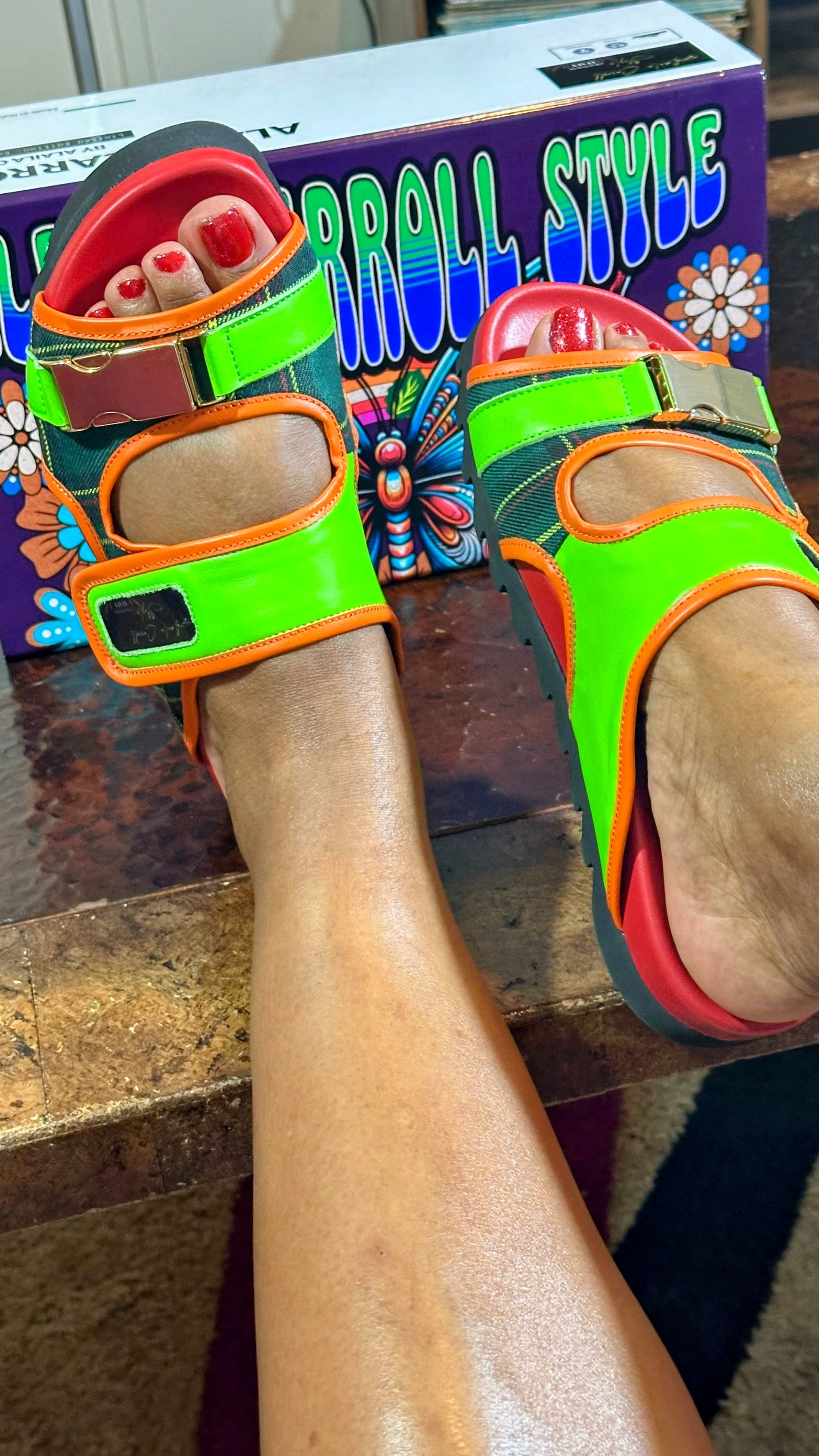 Alaila Carroll Style Green & Red Double Stripes Luxury Sandal