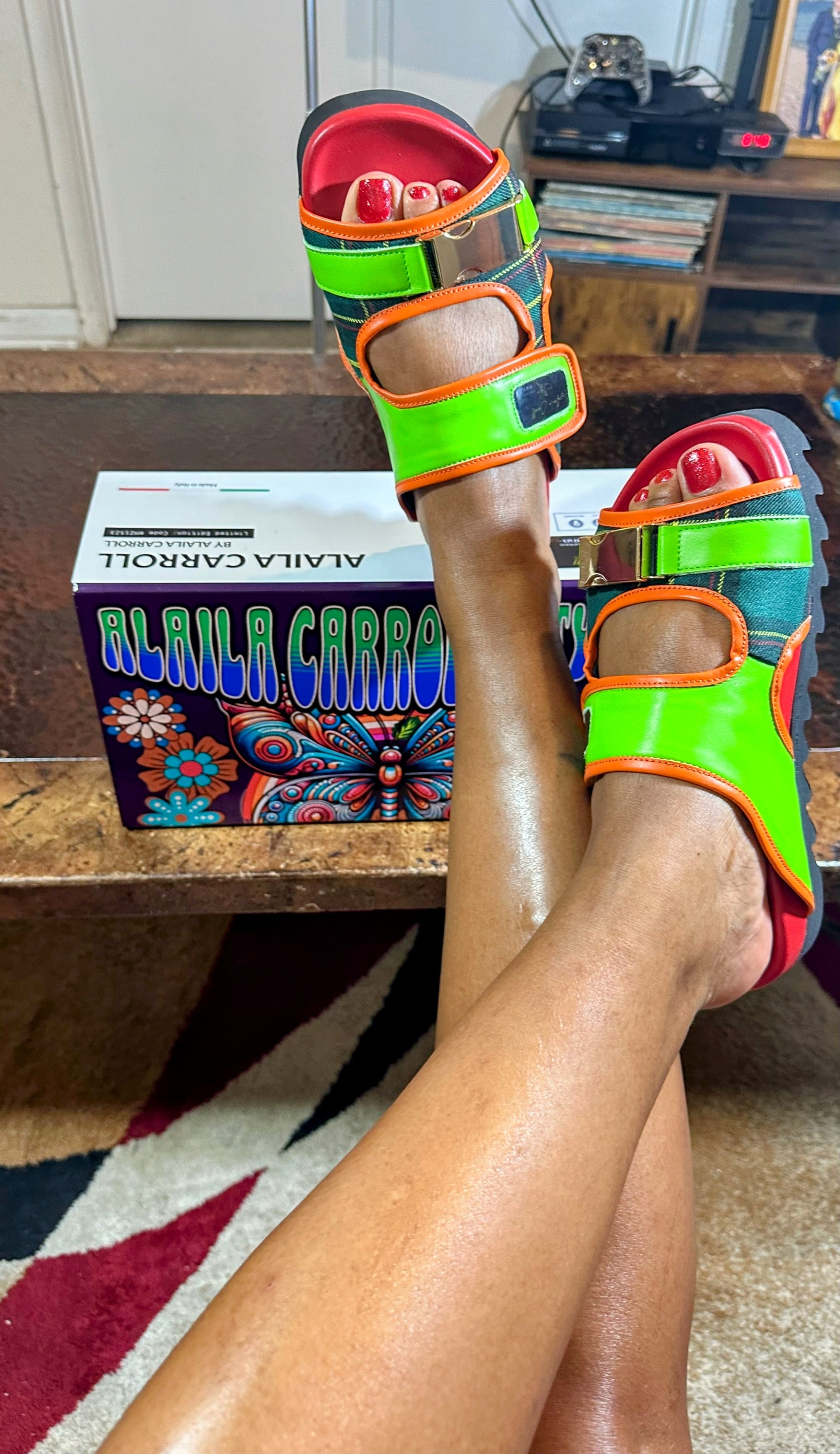 Alaila Carroll Style Green & Red Double Stripes Luxury Sandal