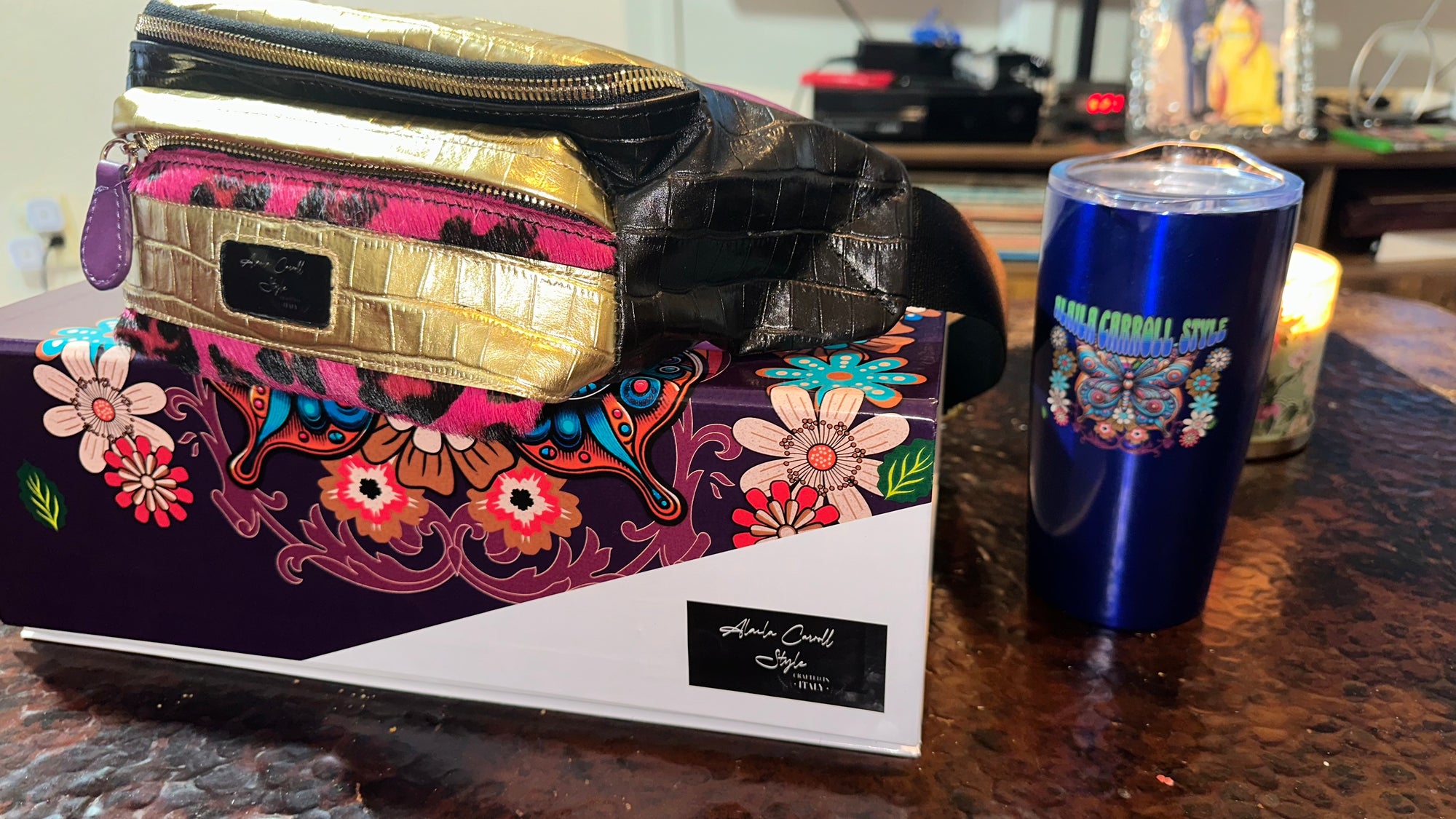 DESIGNER LUXE MULTI-POCKET BELT BAG Black, Purple, & Gold