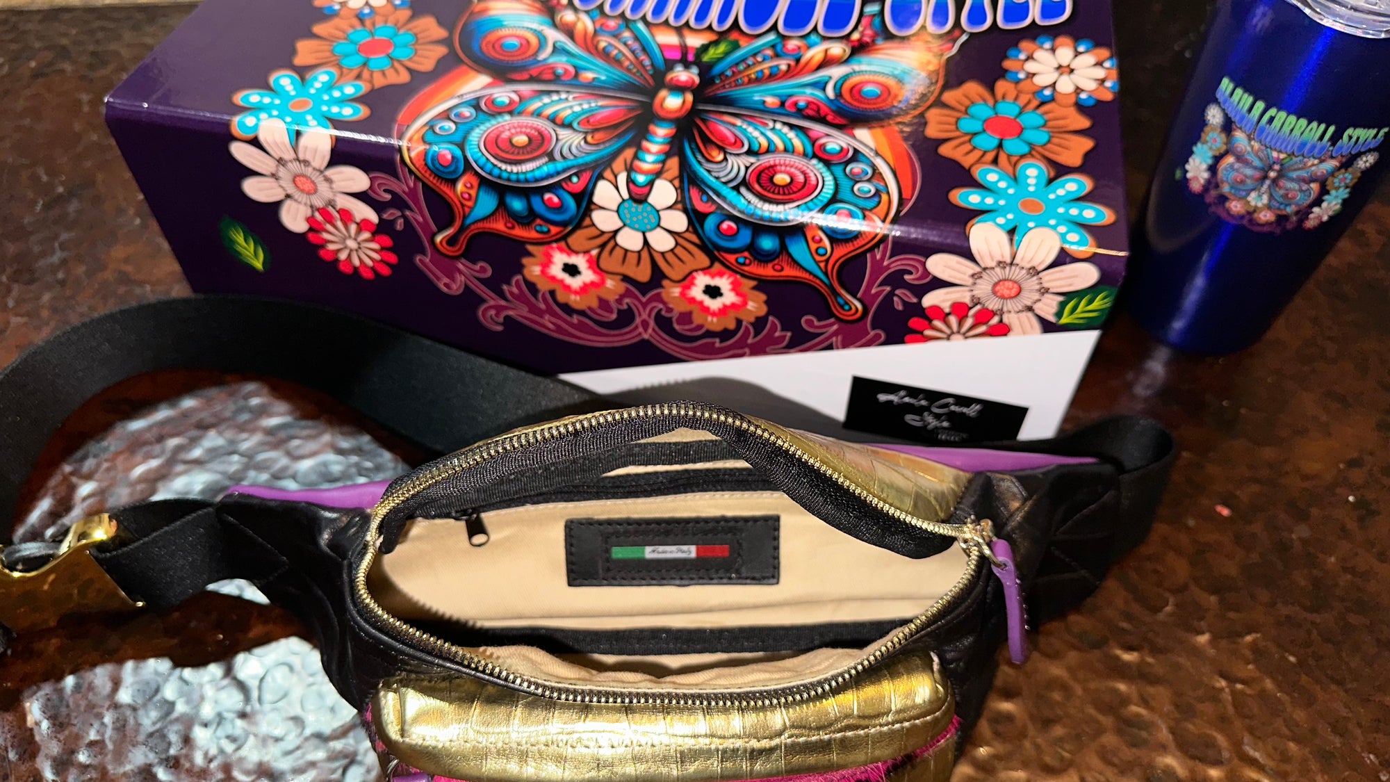 DESIGNER LUXE MULTI-POCKET BELT BAG Black, Purple, & Gold