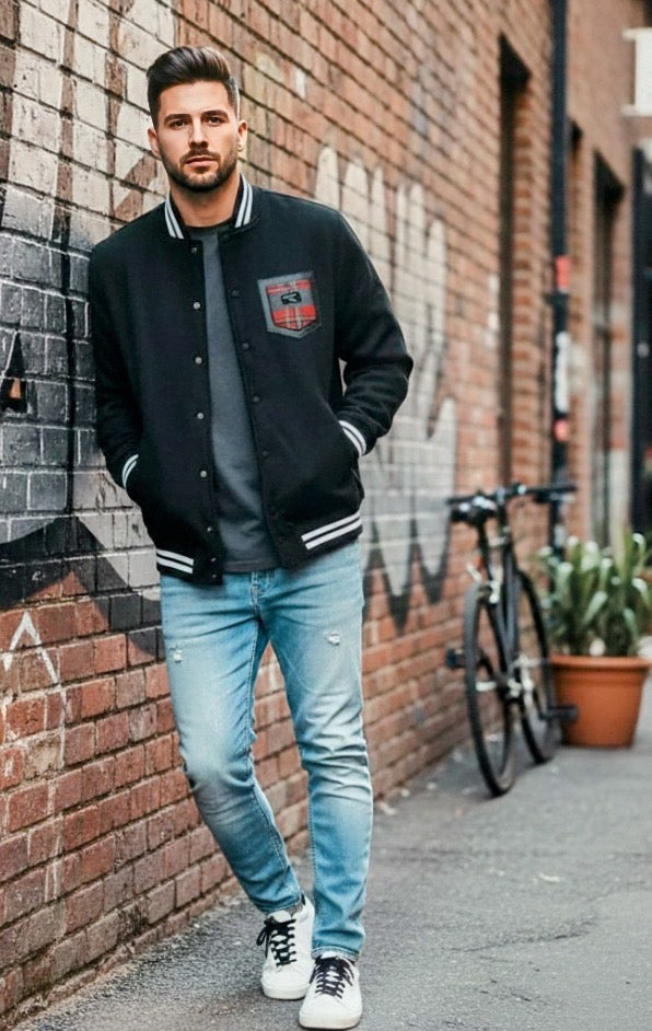 COLLEGE-INSERT DESIGNER PREMIUM JACKET Black, Red, & Plaid