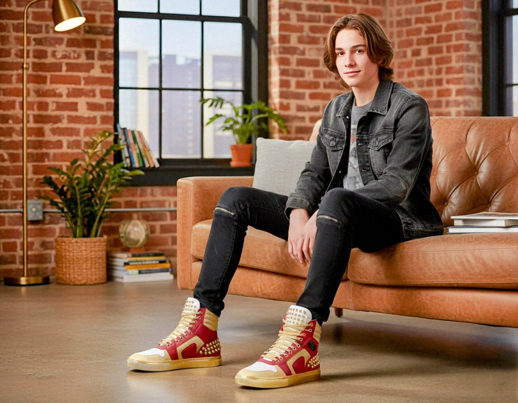 Spike Fashion High Top Red, White & Gold | Alaila Carroll Style Luxury Sneaker