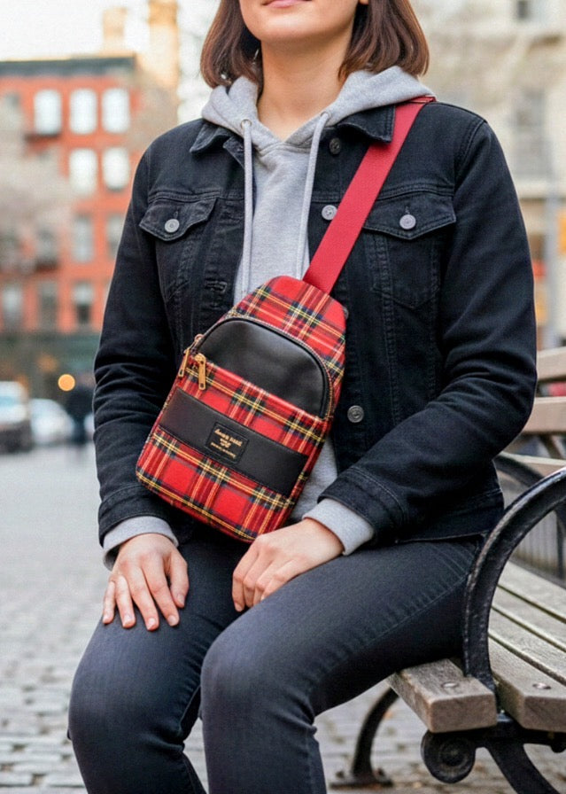 Elegant Crossbody Designer Luxe Bag Red Plaid & Black | Alaila Carroll Style