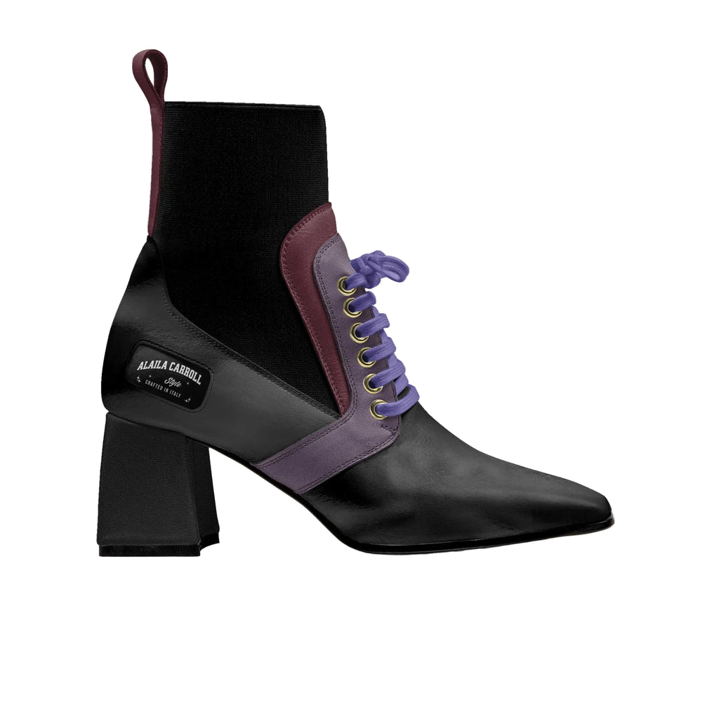 Black and purple ankle boot with a block heel on a white background. 

Luxury sock boot block heel

Italian sock boot with block heel

Luxe heel sock boot black Bordeaux violet