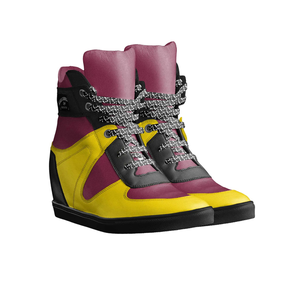 Shop the Lace Up Wedge Sneaker in maroon, yellow, and black with a hidden 7-cm wedge heel. Italian materials, padded tongue, and sporty style.

wedge sneakers for women
hidden wedge sneakers
luxury sporty sneakers
Italian designer sneakers
lace up wedge sneakers
fashion wedge sneakers
athleisure sneakers
comfortable wedge shoes