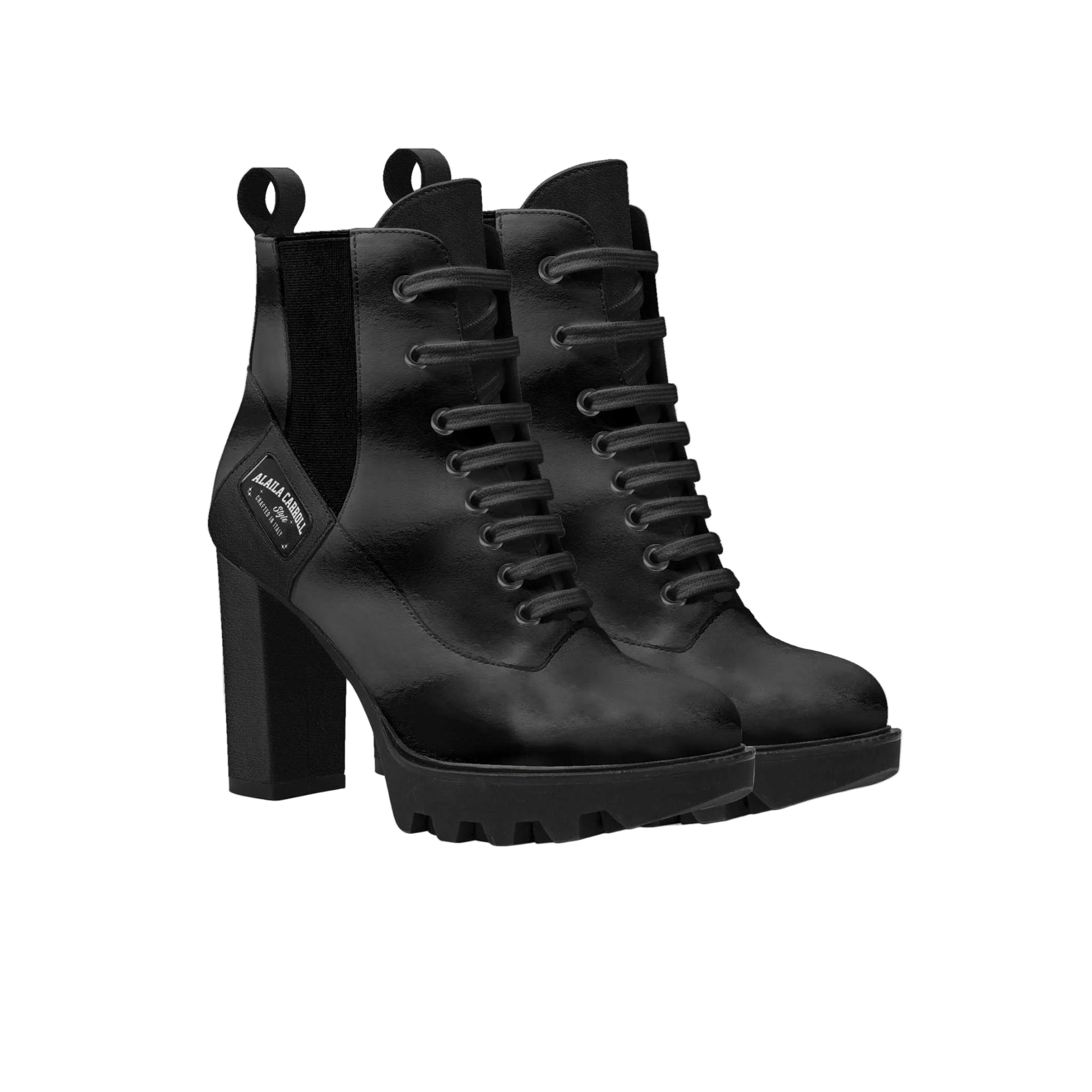 Luxury black lace-up designer boot with Italian materials, elastic side panels, logo window detail, and a bold 3.89-inch heel for modern elegance.

black designer boots, lace-up women’s boots, luxury ankle boots, Italian material boots, high heel boots for women, statement boots, fashion boots women, modern designer footwear, logo boots women