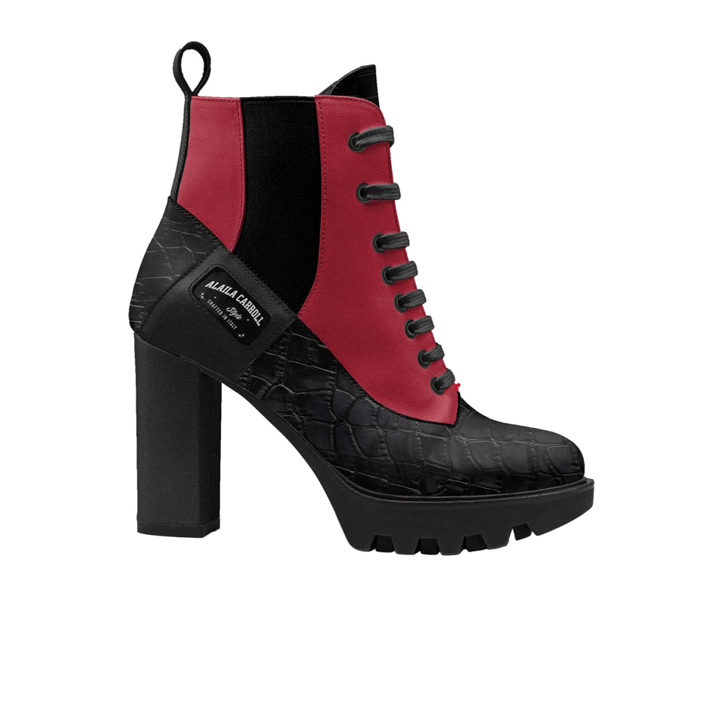 Luxury Italian lace-up designer boot in black croc and red with 9.9-cm heel

Statement women’s boot with elastic side panels and side logo by Alaila Carroll Style

Black croc and red lace-up designer boot with materials-covered heel and rubber sole