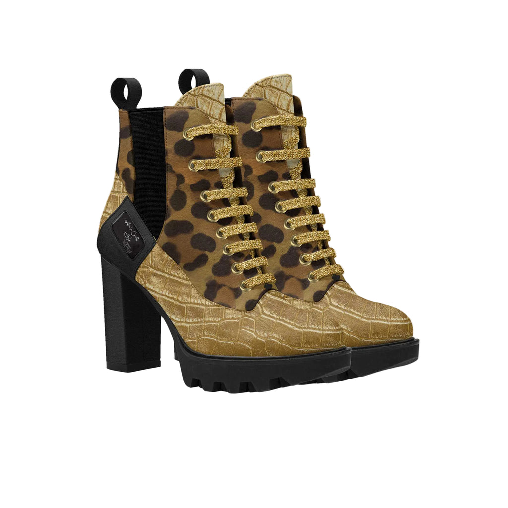 Turn heads with the Laced Designer Boot in gold, leopard & black. Crafted from soft Italian materials with lace-up front, cushioned sole, and statement heel for elevated style.

designer lace up boots, women’s luxury boots, leopard print boots, gold fashion boots, heeled ankle boots, Italian designer footwear, statement women’s shoes, stylish lace boots, premium women’s boots, fashion-forward footwear