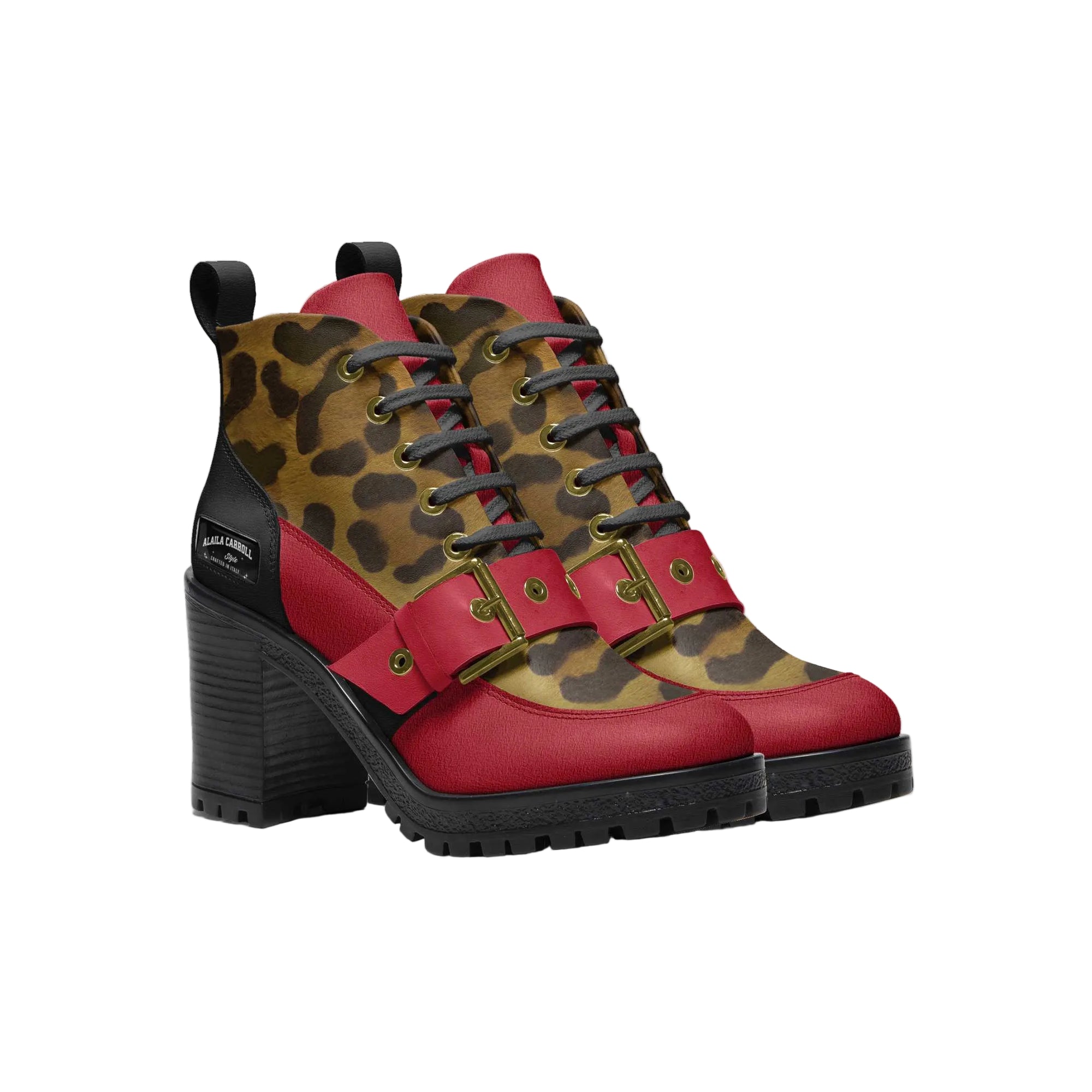 Shop the Laced Sporty Boot in Jaguar, Red Suede & Black by Alaila Carroll Style. A bold women’s combat-inspired designer boot combining premium materials, contemporary styling, and luxury fashion.