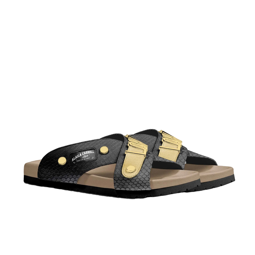 Luxury black and gold sandal with metal studs, metallic LOVE detail, Vibram sole, and Italian lining for stylish everyday comfort.

luxury sandals, black and gold sandals, designer sporty sandal, LOVE sandals, Vibram sole sandal, men women sandals, fashion slide sandal