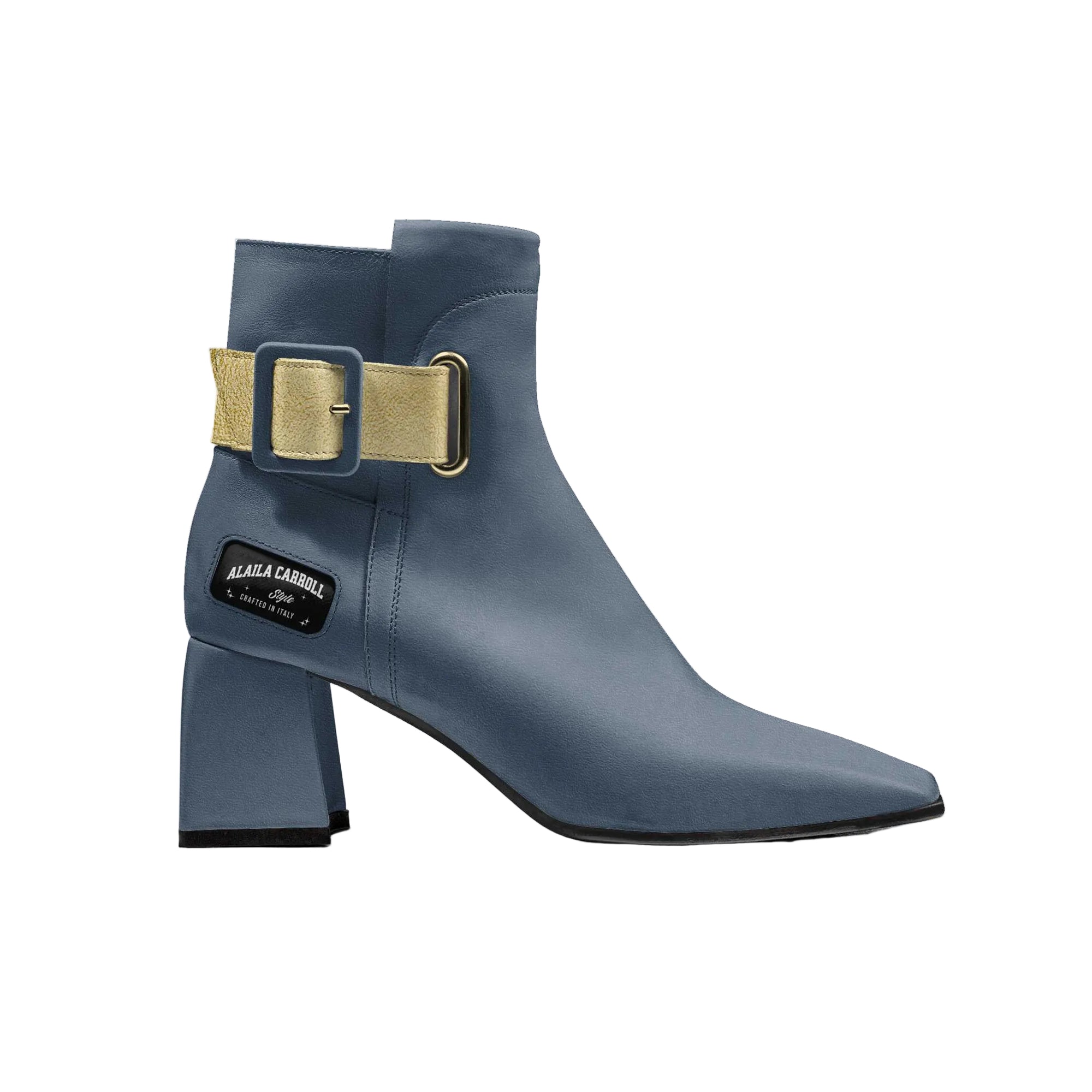 Luxury Italian high top heel boot in ocean blue and gold with oversized belt detail

Designer high top heel boot with square heel and black rubber sole by Alaila Carroll Style

Luxury Italian-inspired heel boot featuring side logo and belt accent