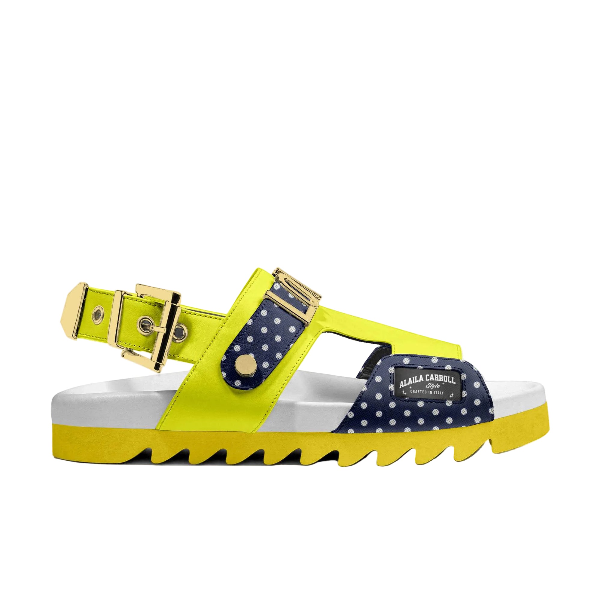 Luxury LOVE sandal in yellow, white, and blue polka dots with metallic lettering, ankle buckle, and EVA sole for comfort and durability.

luxury LOVE sandals, polka dot sandals, designer summer sandals, men women sandals, metallic letter sandals, EVA sole sandal, fashion statement footwear